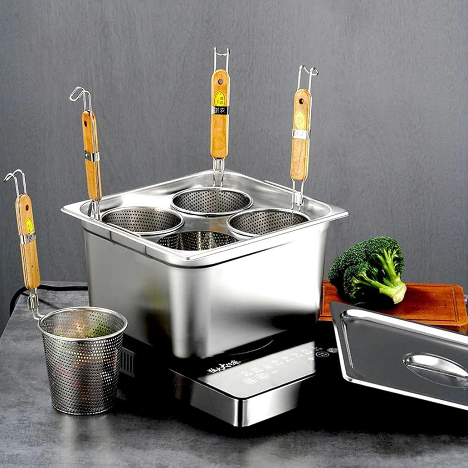 Olla de pasta con colador, olla cuadrada de acero inoxidable para fideos y verduras, diseño de 4 agujeros, ideal para uso comercial en cocina, duradera y versátil