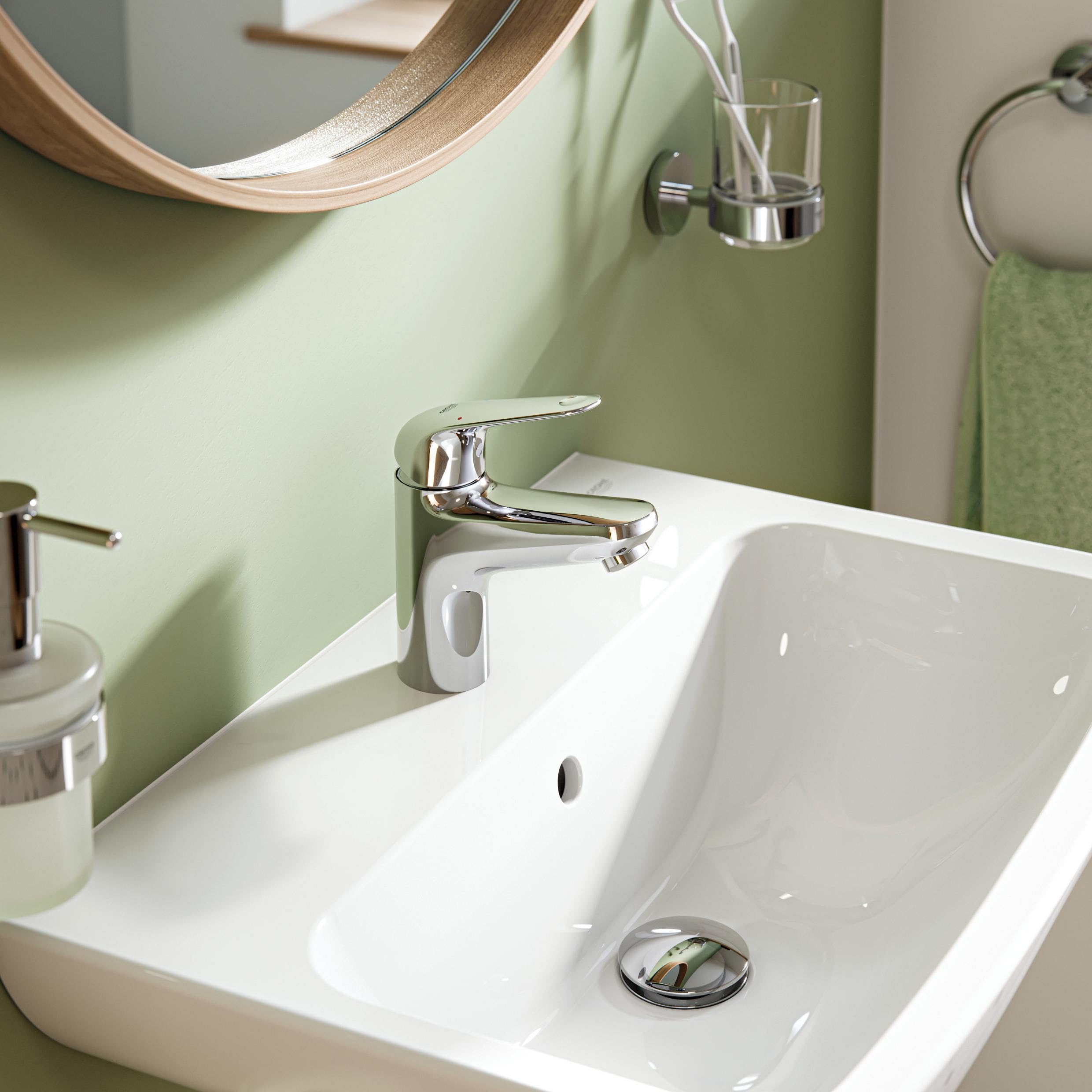 GROHE Swift, Waschtischarmatur, wassersparend (Wasserhahn für das Bad, mit versenkbarer Kette, 16cm hoch, mit 3in1 Werkzeug, einfache Installation am Waschbecken), chrom, 24317001
