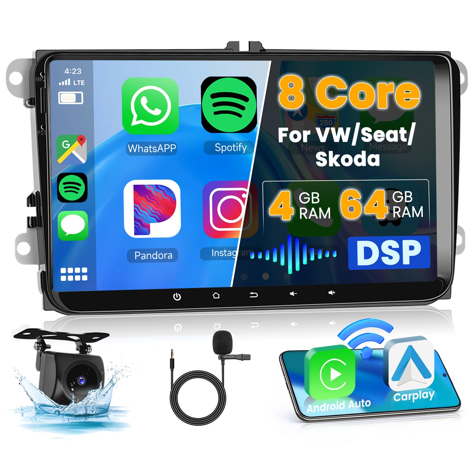 8 Core/4G+64G/DSP Android 15 Radio Coche para VW Golf 5 Golf 6 Polo Passat Tiguan T5 Transporter Seat Leon con Wireless CarPlay Android Auto, 9" Pantalla Táctil con BT GPS WiFi RDS FM USB+CAM