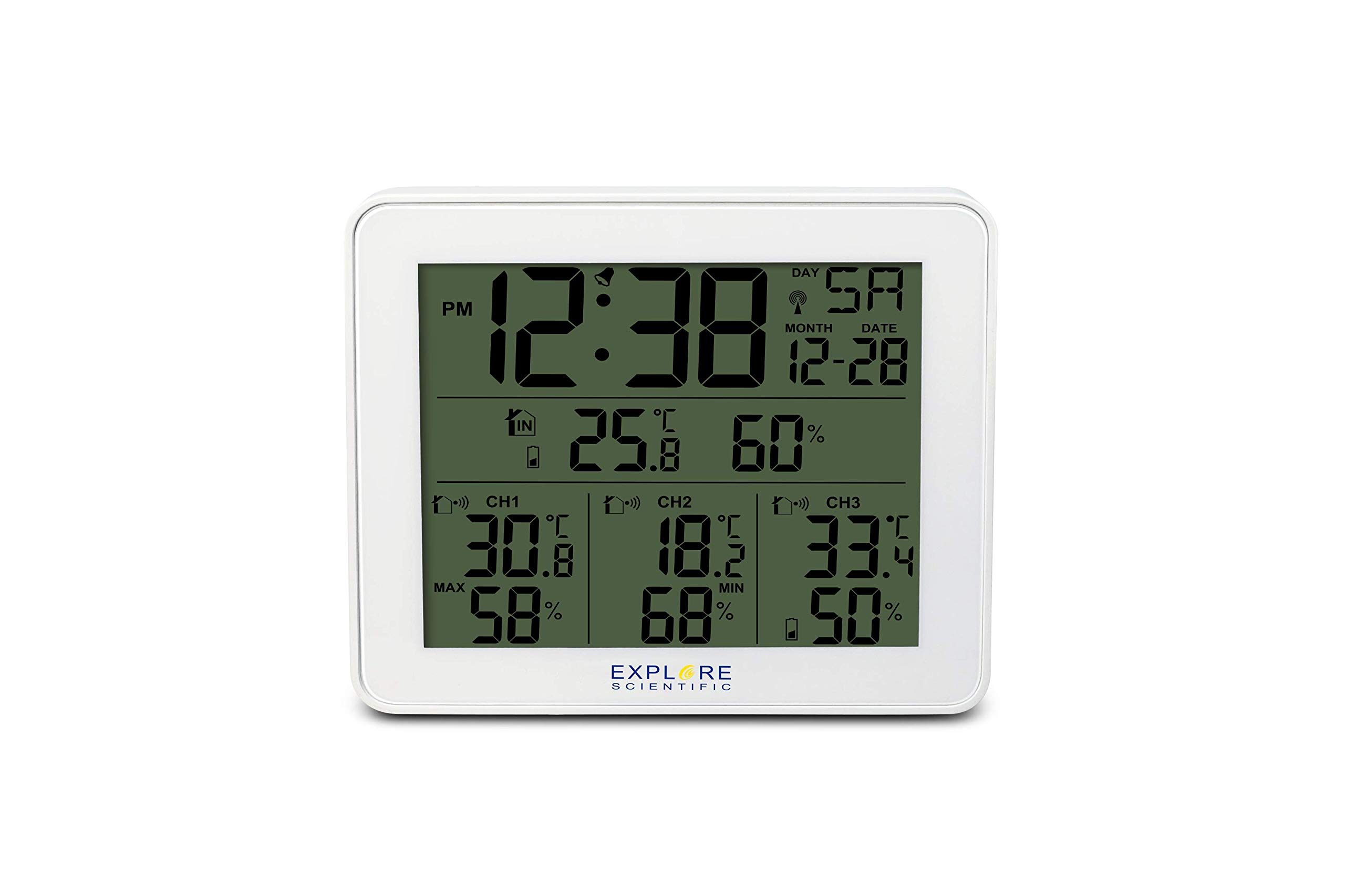 Explore Scientific WSH4003GYE000 Radio-Controlled Weather Station with Alarm, 3 Sensors, White