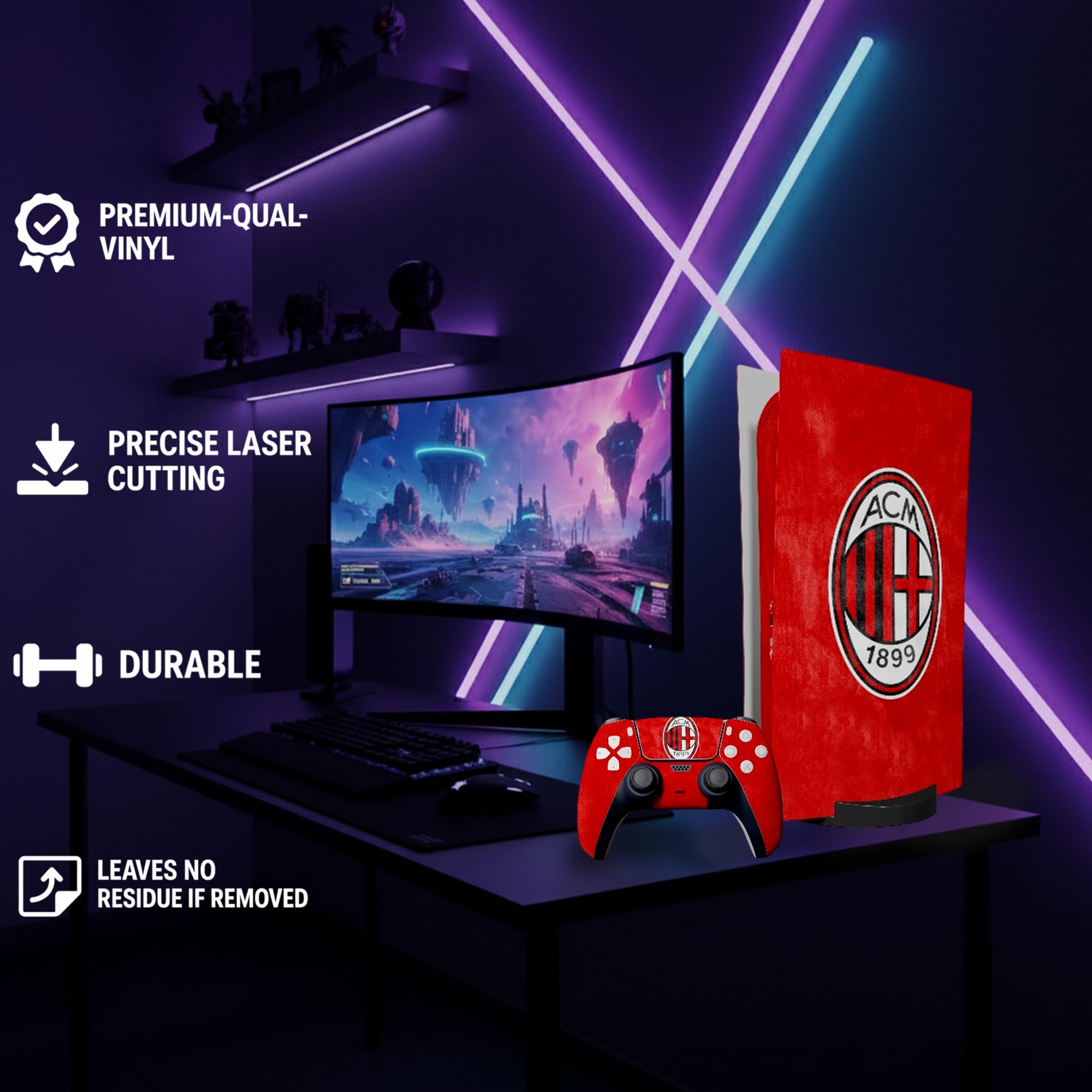MaD Vision® Extra-haltbares Skin-Kit für PlayStation (PS5) Pro Disc und Pro Digital | Mattes Vinyl-Aufkleber-Set für Konsole + 2 Controller – für Milan Design