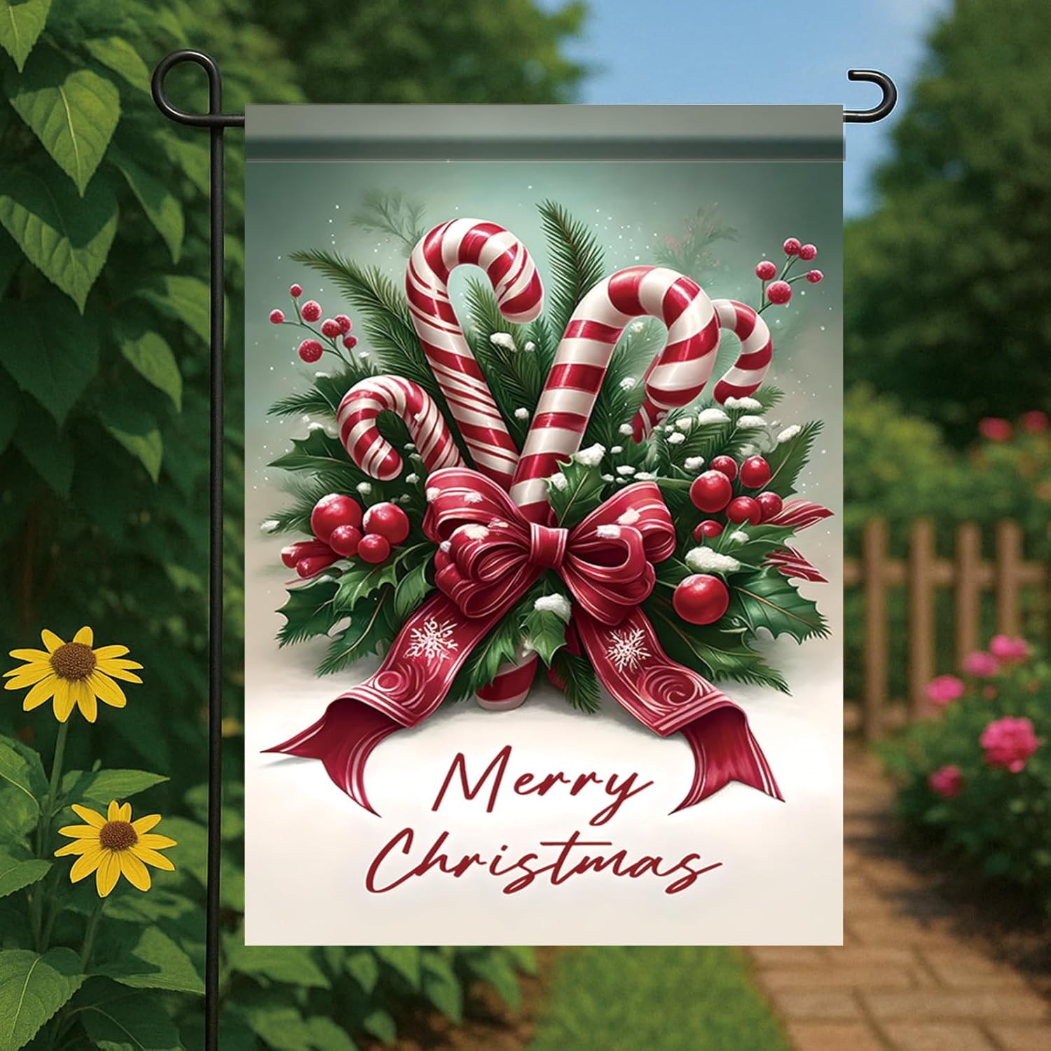 Christmas Candy Cane Garden Flag 12x18 Inch Winter Red Bow and Berries Design Outdoor Holiday Yard Banner Double Sided Winter House Flag Festive Garden Decoration Seasonal Home Decor - Image 2