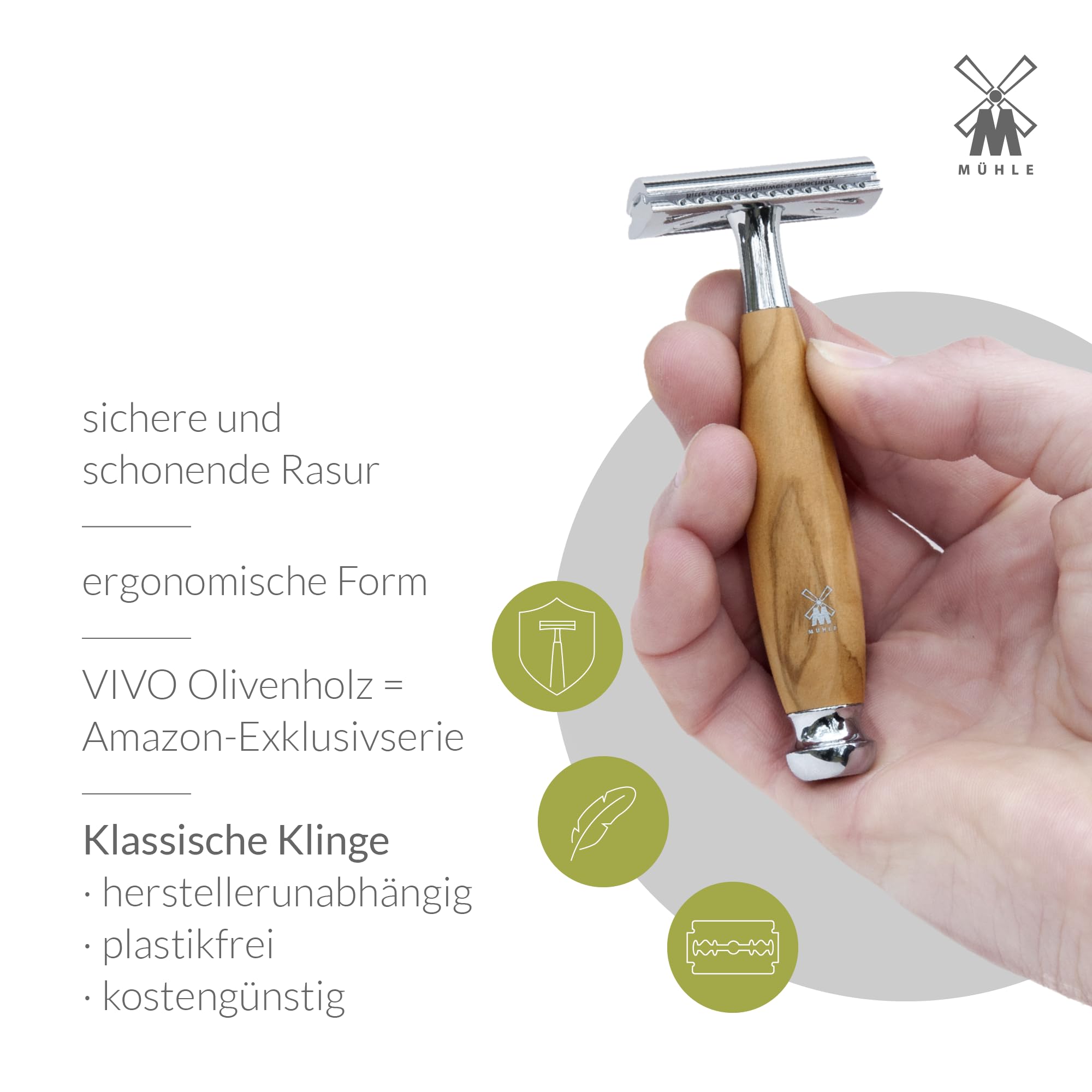 MÜHLE Vivo Rasierset - Black Fibre-Rasierpinsel, Rasierhobel, Ständer - Griffe aus Olivenholz und Metallakzenten - vegan