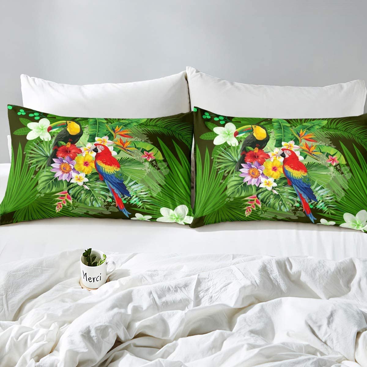 Juego de funda de edredón con estampado de tucán, tamaño King, funda de edredón de hojas de palma tropical, para niños, niñas y mujeres, floral, botánico, safari, animales, pájaros, fresco, natural, 3