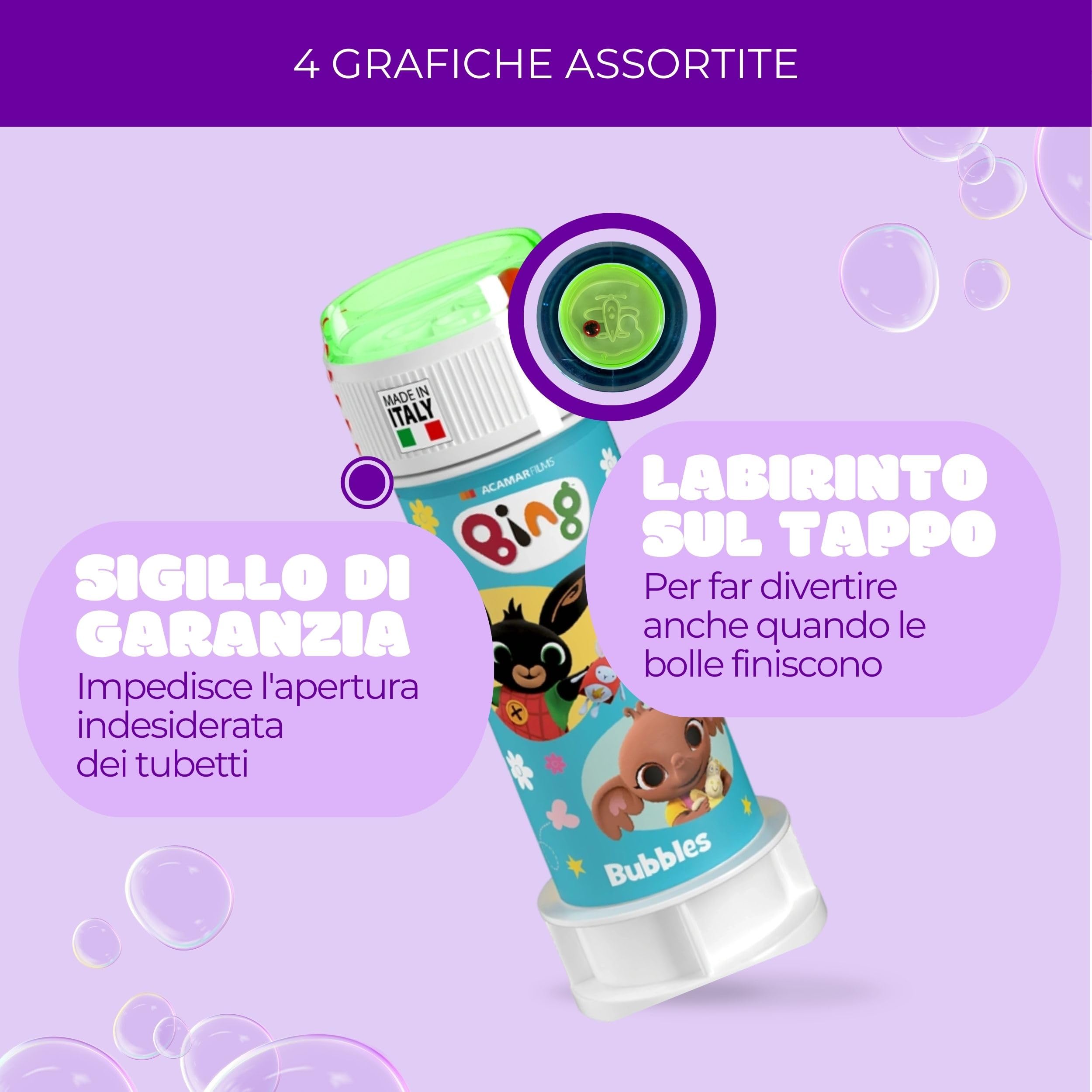 Bubble World,Bolle di sapone Bing,Bolle di Sapone(12), Tubetti Bianchi con Soffiatore Rosso Integrato,60 ml