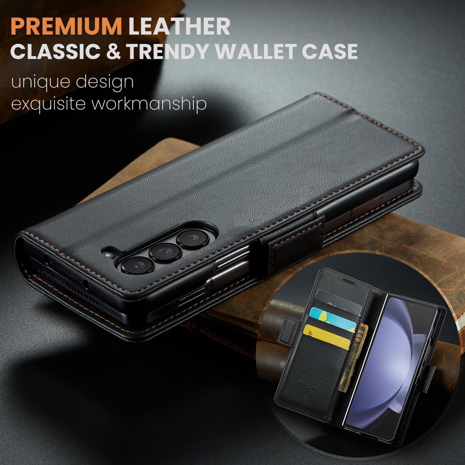for Samsung Z Fold 5 Wallet Case with RFID Blocking, Card Holder Magnetic Closure Shockproof Kickstand Protective PU Leather Case for Samsung Z Fold 5 Flip Case Wallet - Black — view 2
