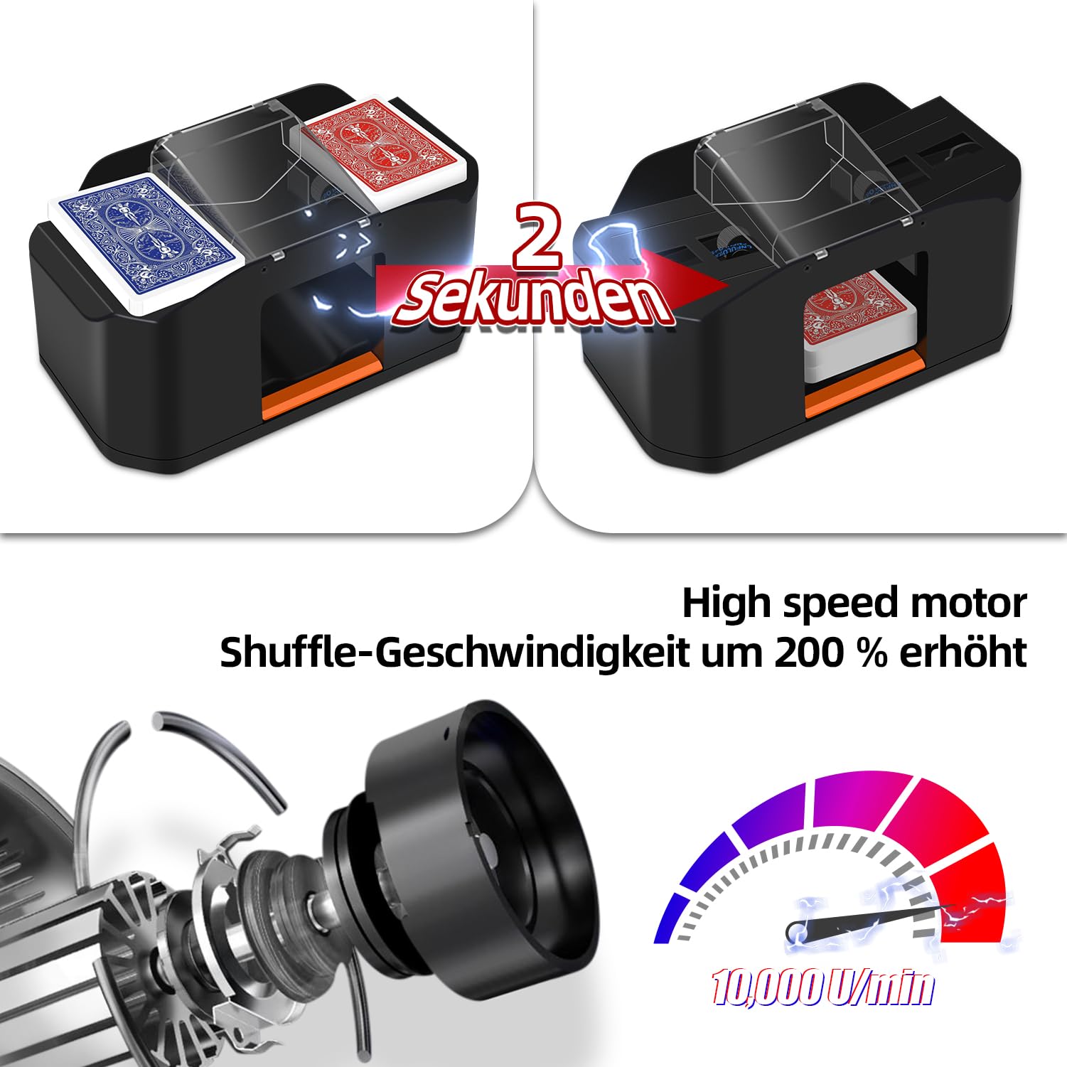 Mescolatore automatico di carte – Silenzioso e con batteria da 2000 mAh – Mescola 2 mazzi di carte – Compatibile con Poker, Bridge, Rommé, Skat
