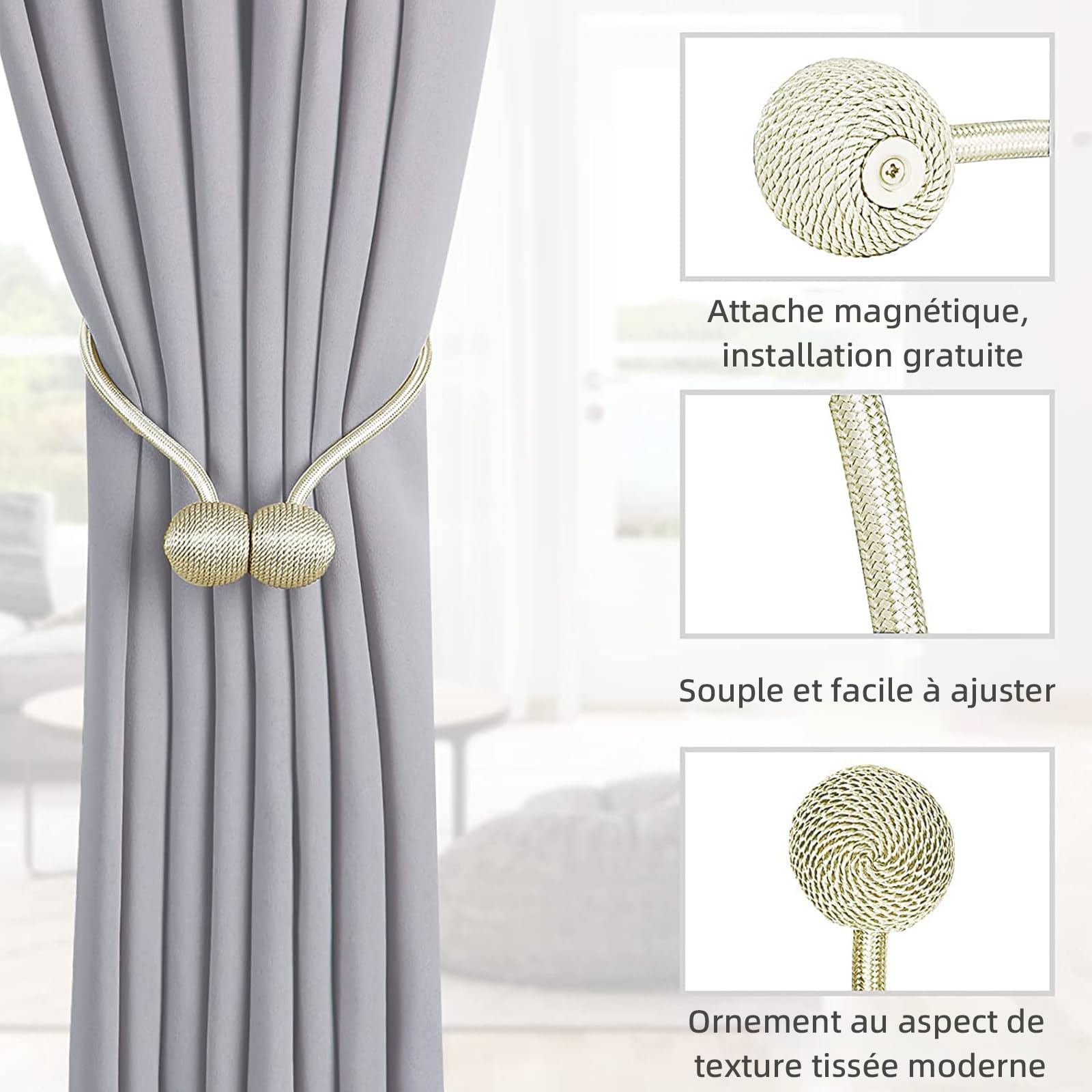 2 Attaches Rideaux Magnétiques Fleur - Aimant Puissant, Corde Ajustable - 5 Couleurs - Pour Salon, Chambre