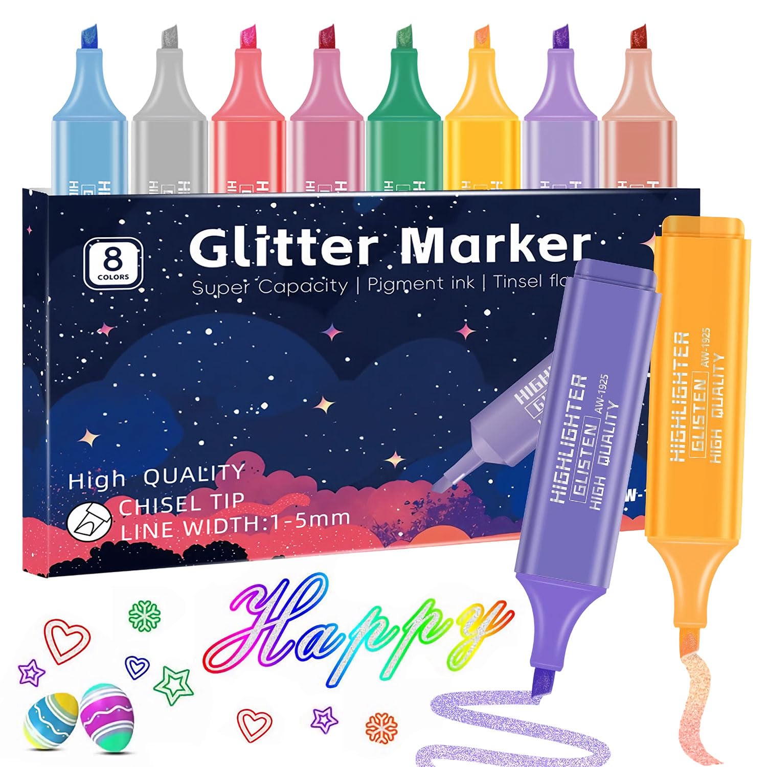 MOTIBACK 8pcs Metallic Glitter Highlighters Set, Premium Shimmer Bible Journaling Pens, Aesthetic Study Highlighters for Note Taking, School Supplies, Office Planning & Creative Projects