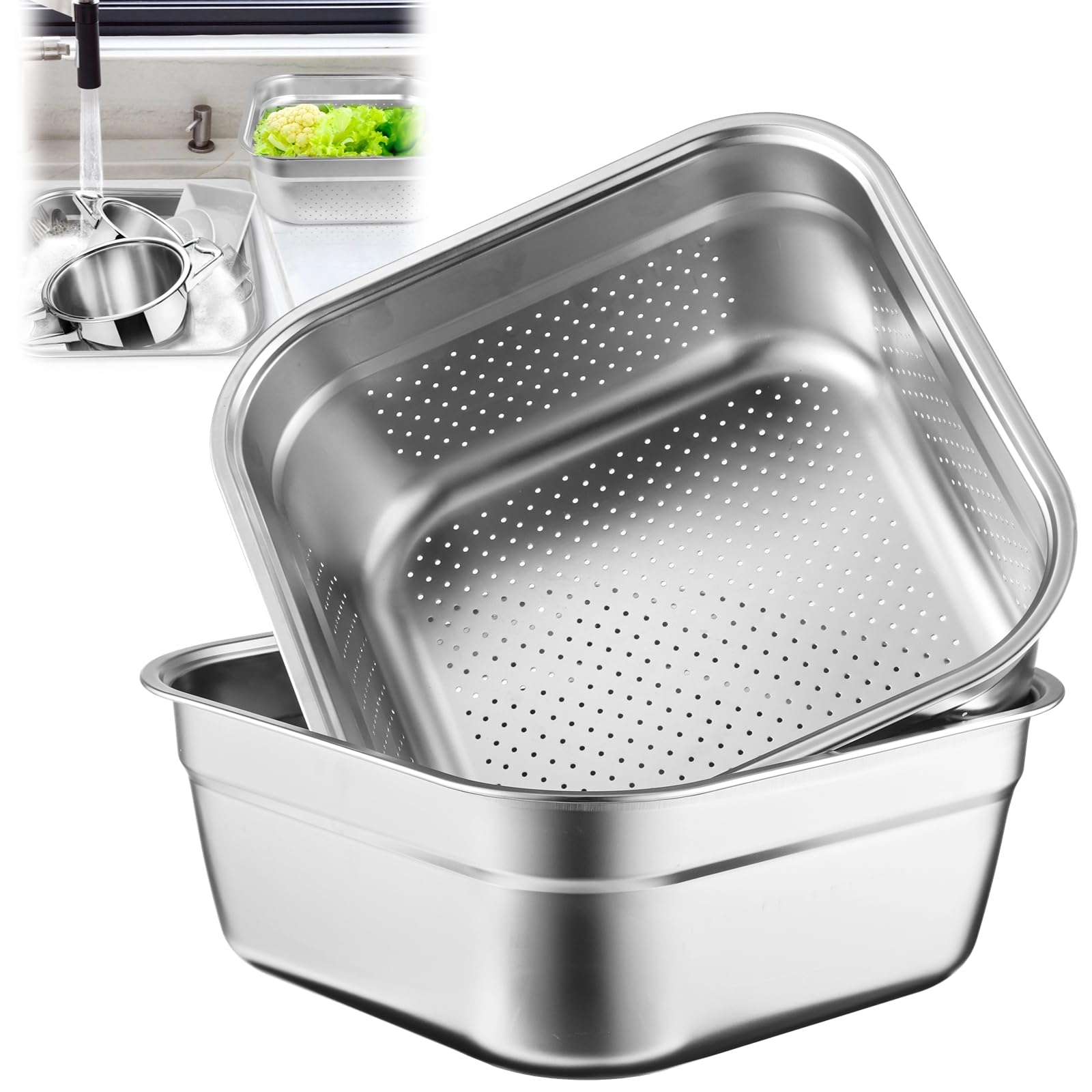 2-in-1-Spülschüssel-Set, Edelstahl-Spülwanne mit Sieb, Obst- und Gemüsespülbecken, Mehrzweck-Schüsselset zum Waschen und Abtropfen von Reis, Nudeln, Lebensmittelsieb, Rührschüssel