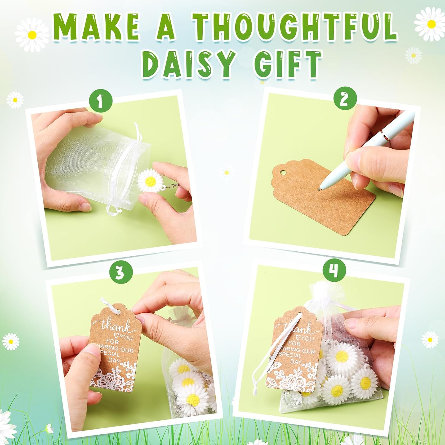 Ecation 100 Sets Daisy Party Favors Including Daisy Keychains Organza Bag Thank You Kraft Tags for Daisy Groovy Birthday Summer Party Bridal Wedding Guests Return Gifts