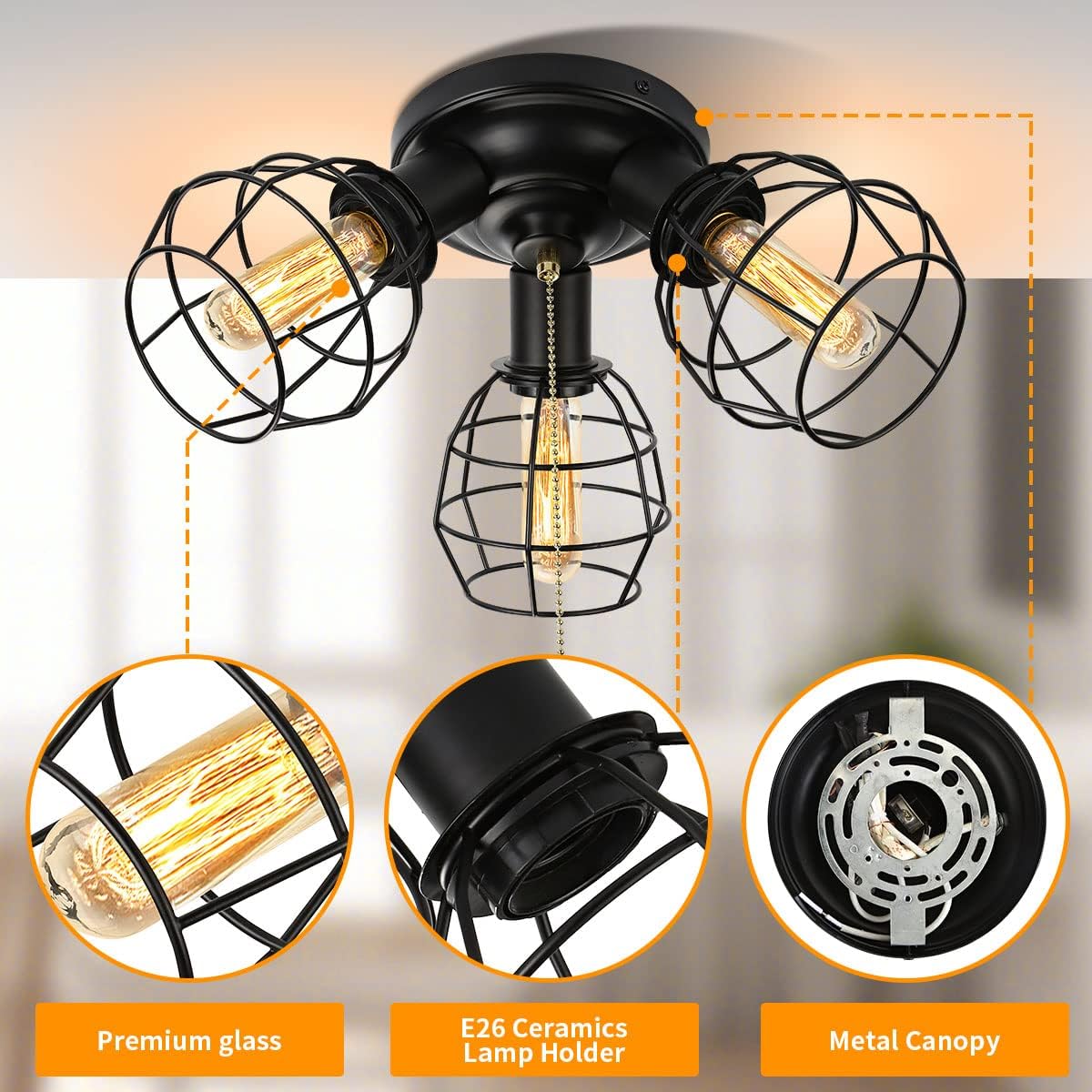 Pull Chain Light Fixture, 3 Light Semi Flush Mount Ceiling Fixture, Vintage Pendant Light Fixture for Porch/Hallway/Kitchen/Bedroom, Bulb Not Included