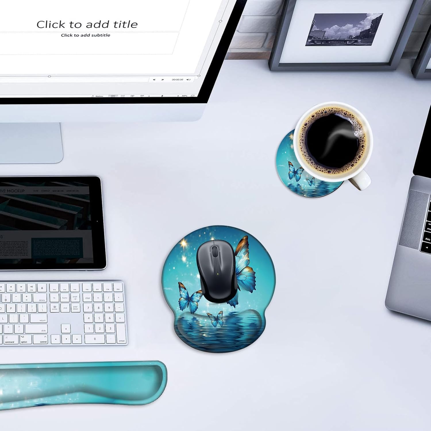 Mouse Pad Wrist Support and Keyboard Wrist Rest with Coaster,Non-Slip Rubber Base Ergonomic Gaming Mousepad for Home Office Working Studying Easy Typing & Pain Relief,Blue Magic Butterfly Over Water