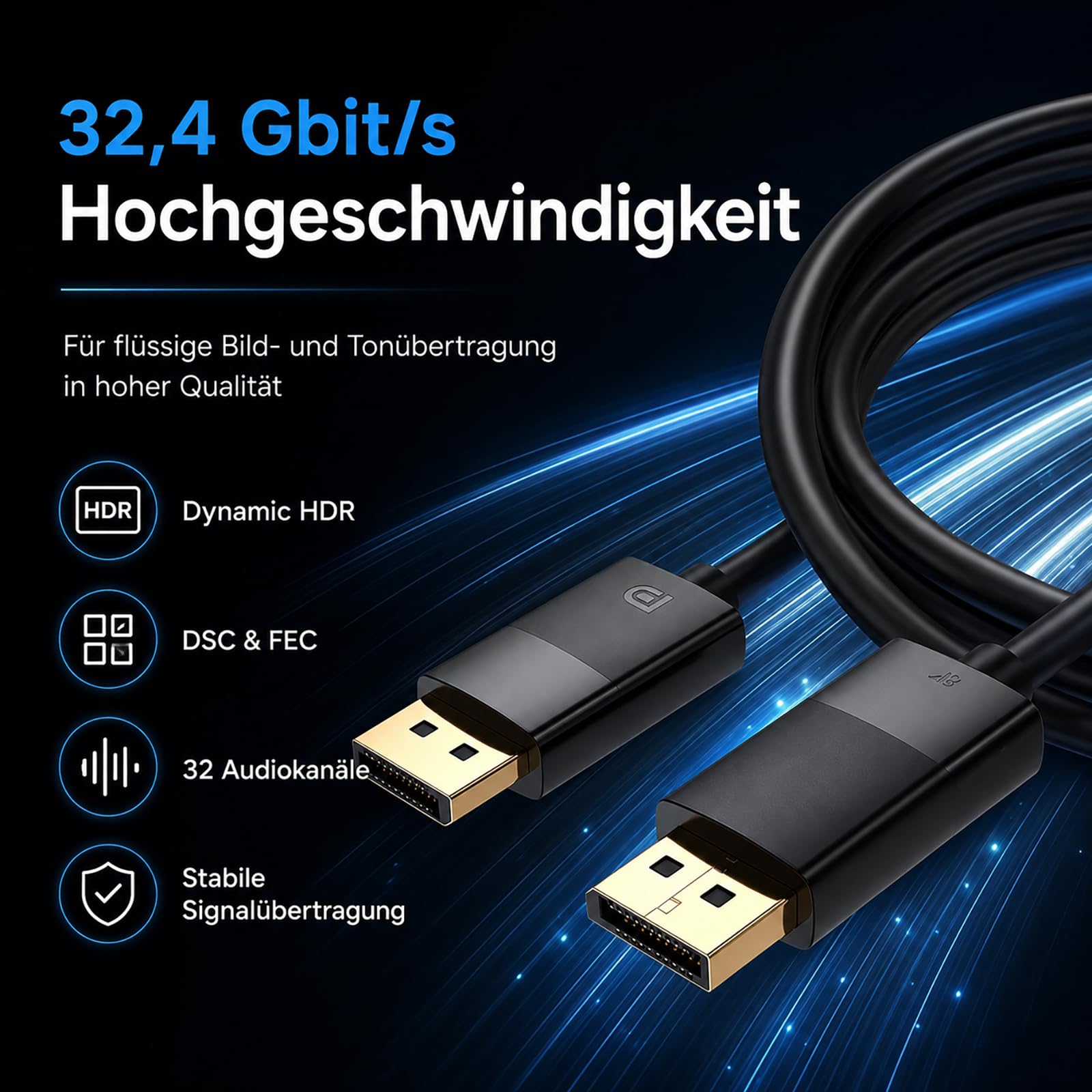 Cavo DisplayPort 1.4 Da 2 Metri – 8K A 60Hz, HBR3, 32.4 Gbps, Per Gaming E Monitor
