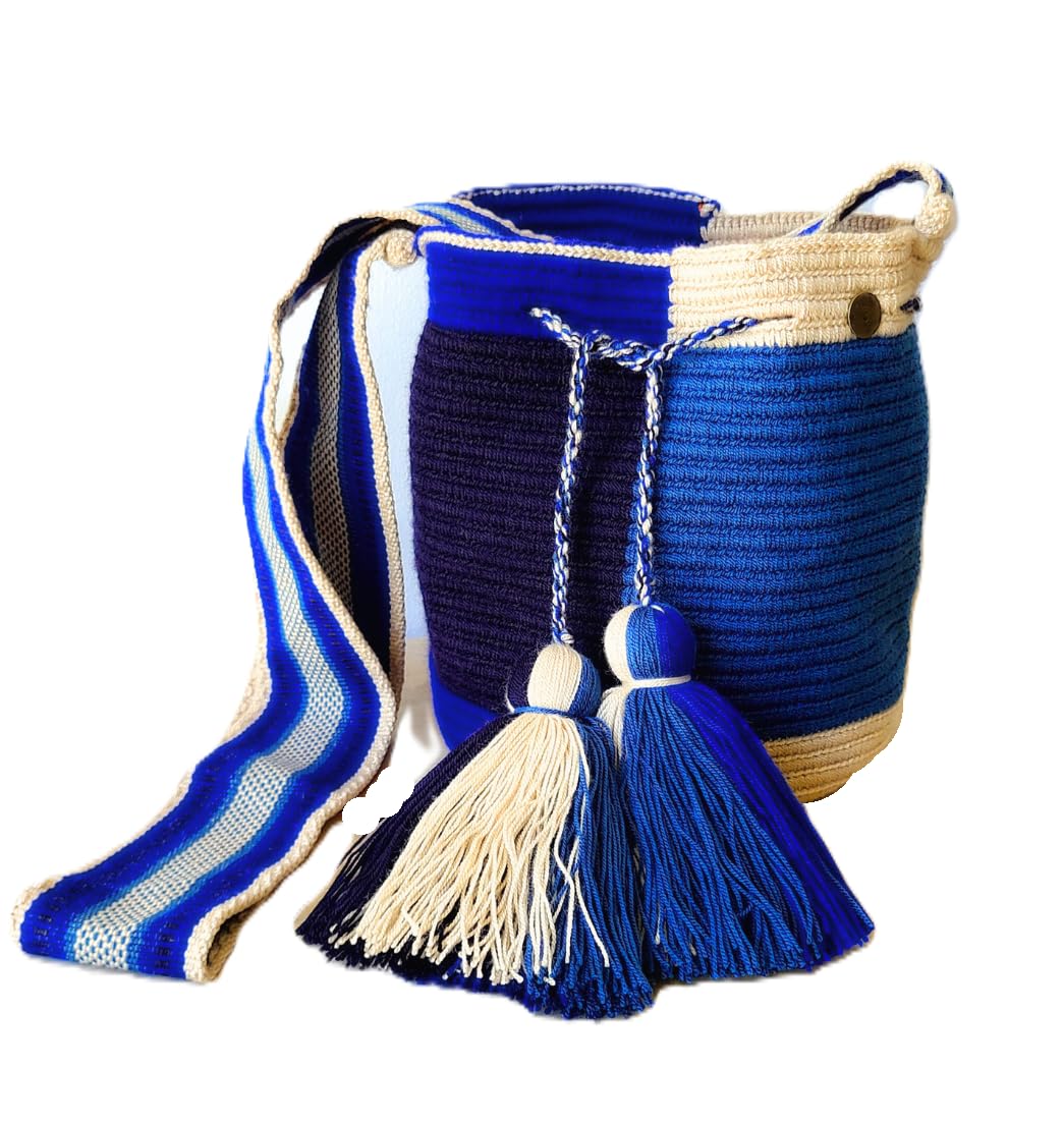 TERRA FUSION Bolso Wayuu hecho a mano | Bolsa Geo Medio | Bolsa Ética | Azul Rey, azul