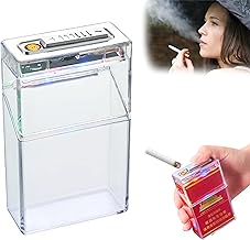 BRAINLE Slim Portable Cigarette Case with Built-in Flameless Lighter, Transparent Plastic Cigarette Holder for Smoking, LED Colorful Light Cigarette Box Case for Men, Windproof