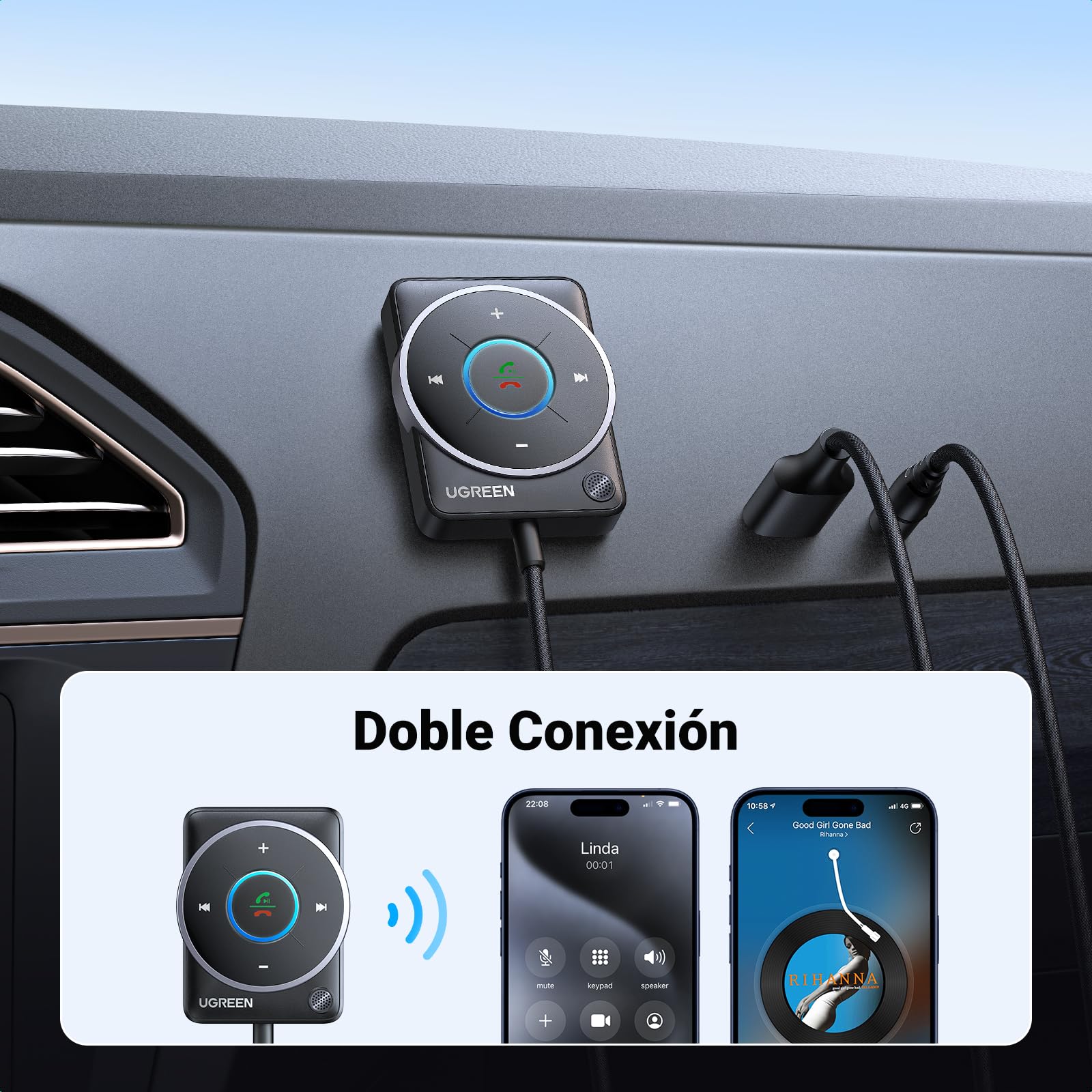 UGREEN Receptor Bluetooth 5.4 Adaptador AUX Coche Jack 3.5mm Audio con Inalámbrico Llamada Manos Libres Luz RGB