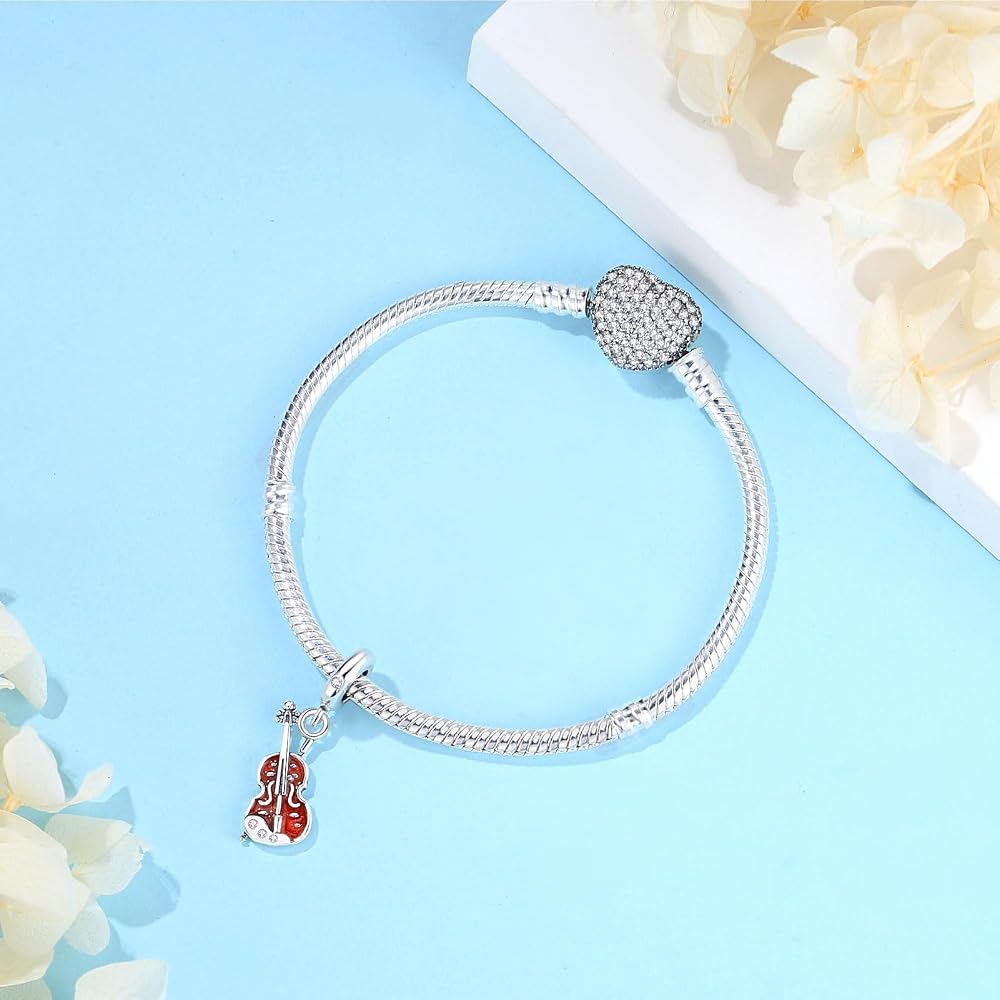 Nbsameng S925 Gioielli Ciondolo in Argento Sterling per bracciali e collane Pandora, un regalo festivo per donne, violino rosso, No aplicable, Argento, Nessuna pietra preziosa