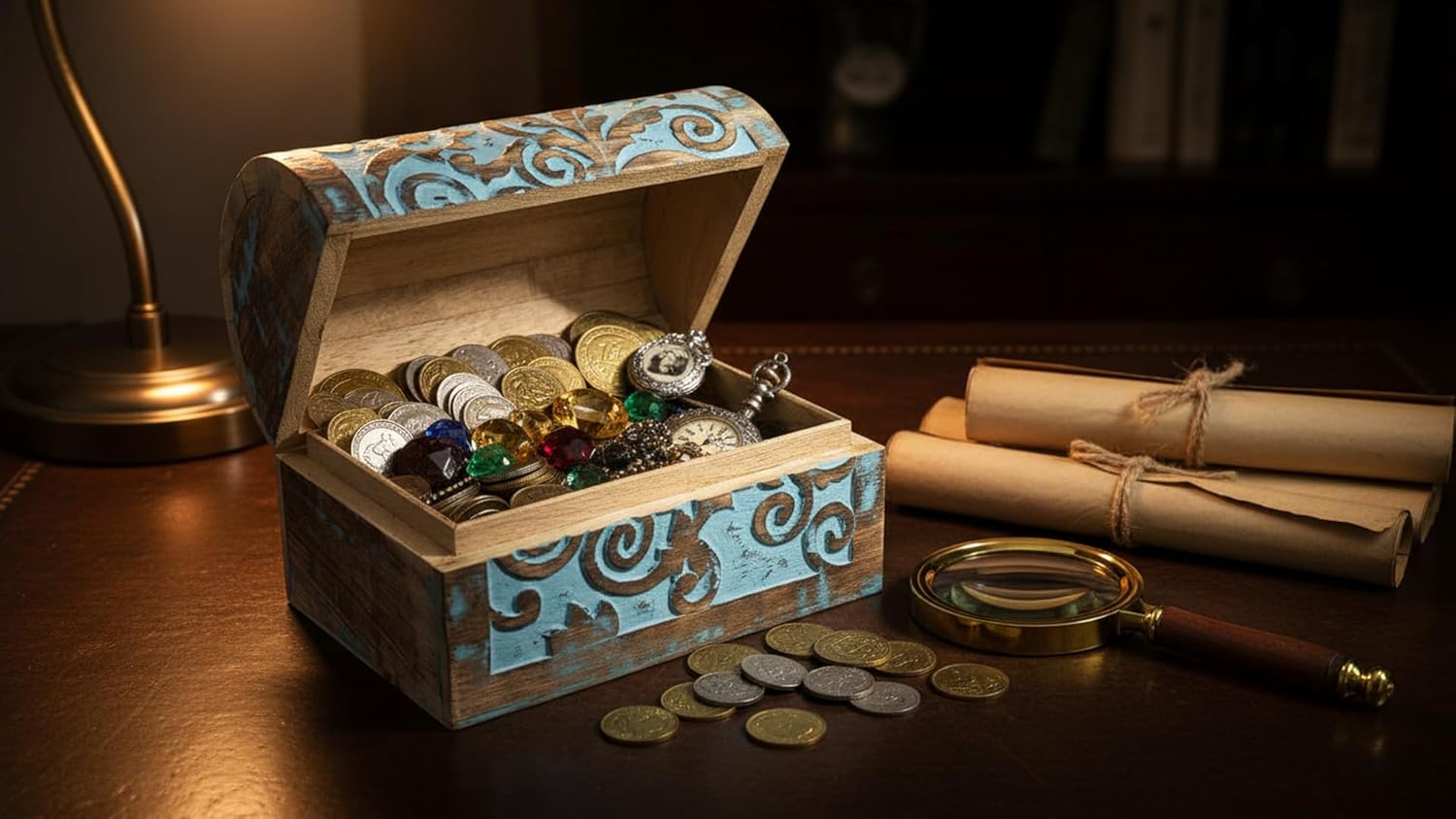 Great Birthday Gift Ideas Handmade Decorative Wooden Jewelry Box Jewelry Organizer Keepsake Box Treasure Chest Trinket Holder Watch Box Storage Lock Box Housewarming Gifts Men Women (Blue Wash Finish)