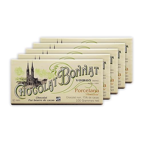 Bonnat Porcelana 75% chocolate negro paquete de 5 unidades Chocolate francés grano a barra, propiedad familiar Sin soja, sin gluten, vegano,