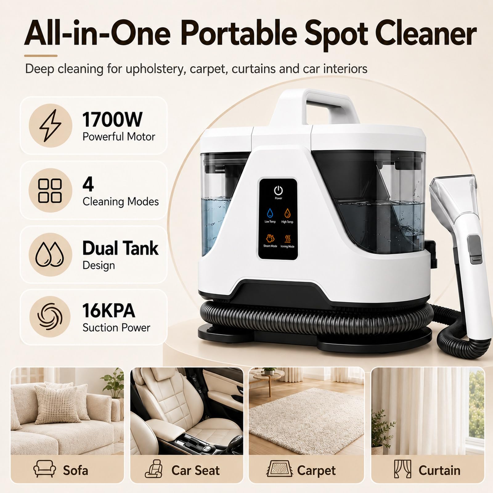 MIAOXIAOLONG Máquina Limpiadora de Alfombras y Tapicerías - Champú de 1700W para Limpieza de Sofás, Sofás, Asientos de Auto, Telas, Colchones, Extractor de Manchas para Muebles