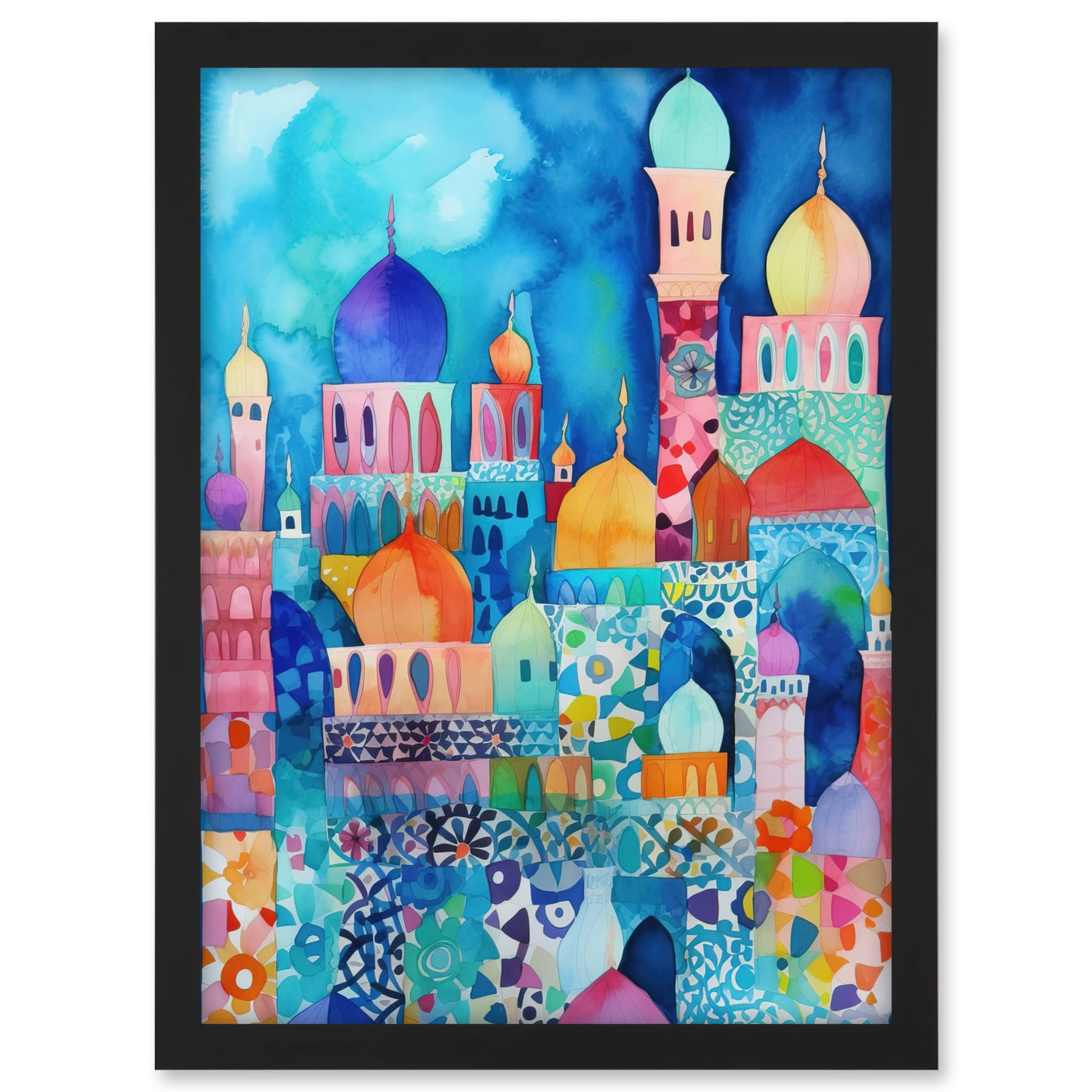 Artery8 Morocco Cityscape Moonlight Folk Art Artwork Framed A3 Wall Art Print