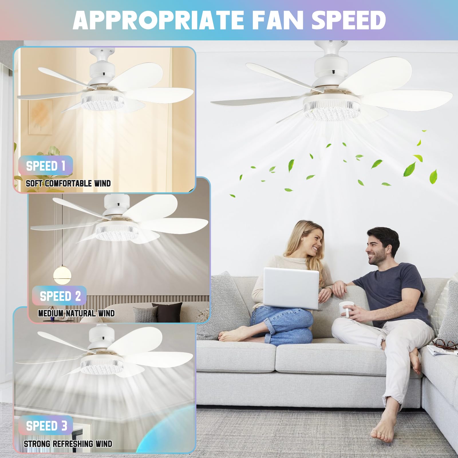 ConBlom Ventilatore da soffitto con lampada E27 e telecomando, 40 W, copertura in cristallo RGB, dimmerabile, silenzioso, 6 pale, per camera da letto, soggiorno, cucina