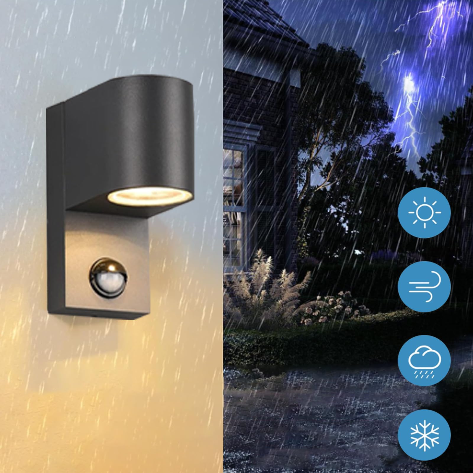 Applique da Parete per Esterni GU10 con sensore di Movimento, Illuminazione da Parete IP65 Impermeabile, in Alluminio Nero, Geometrica, per Veranda, terrazza, Garage, Bagno