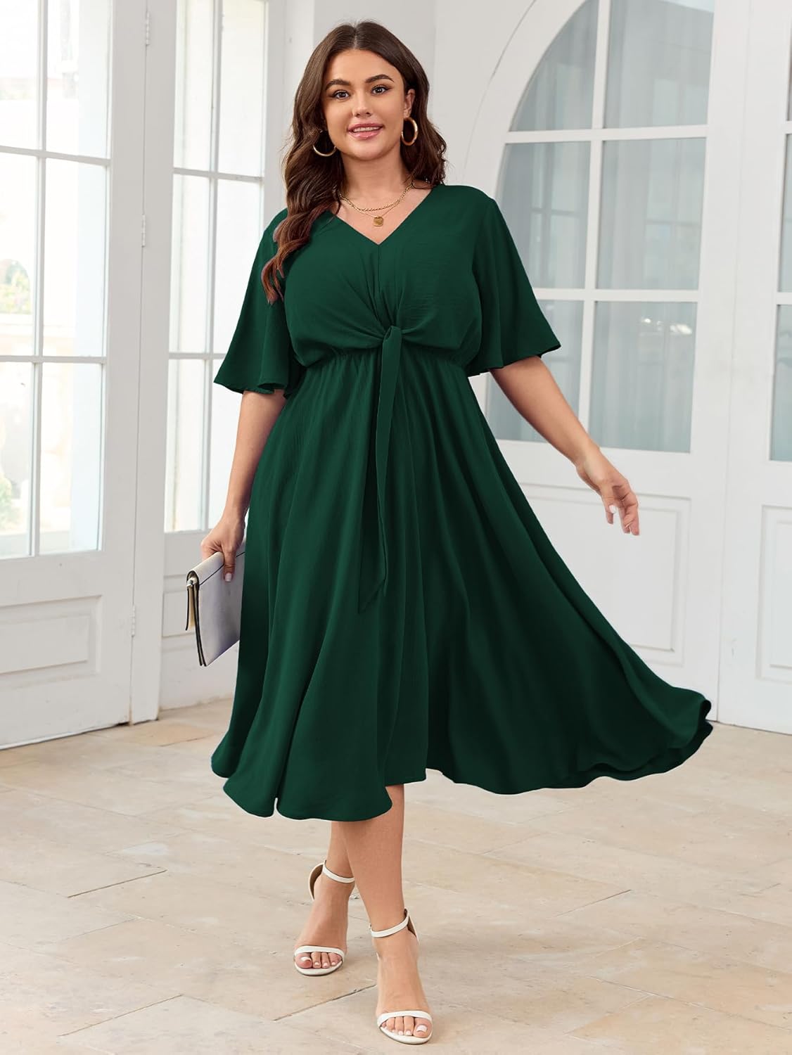 SCOMCHIC Women Plus Size Midi Dresses Wedding Guest Short Sleeve V Neck Tie Waist Casual Summer Flowy A Line Dress - Image 5