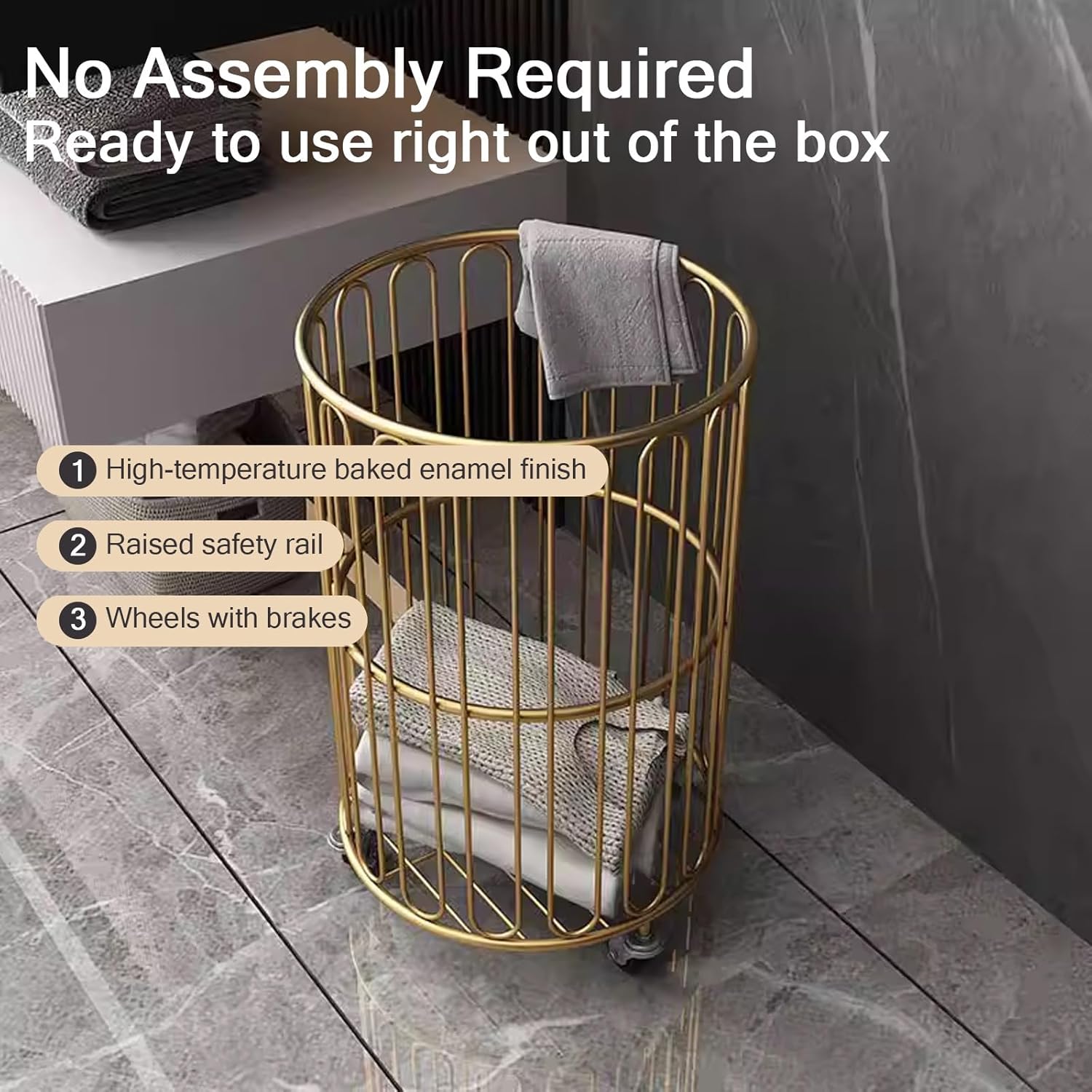 Iron Ins Dirty Clothes Basket, Rolling Laundry Basket with Wheels, Healthy and Eco-friendly, Open Top for Ventilation, Suitable for Bedrooms, Living Rooms(Gold)