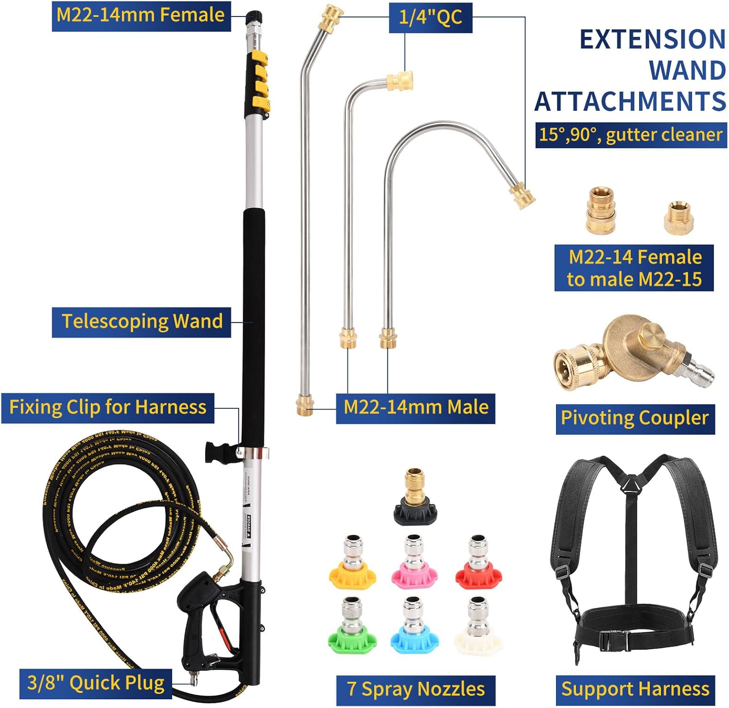 Pressure Washer Extension Wand 24 Feet with Telescoping Pressure Washer Wand, Gutter Cleaner, 7 Spray Nozzle Tips, Pivoting Coupler, 2 Hose Adapters and Support Belt