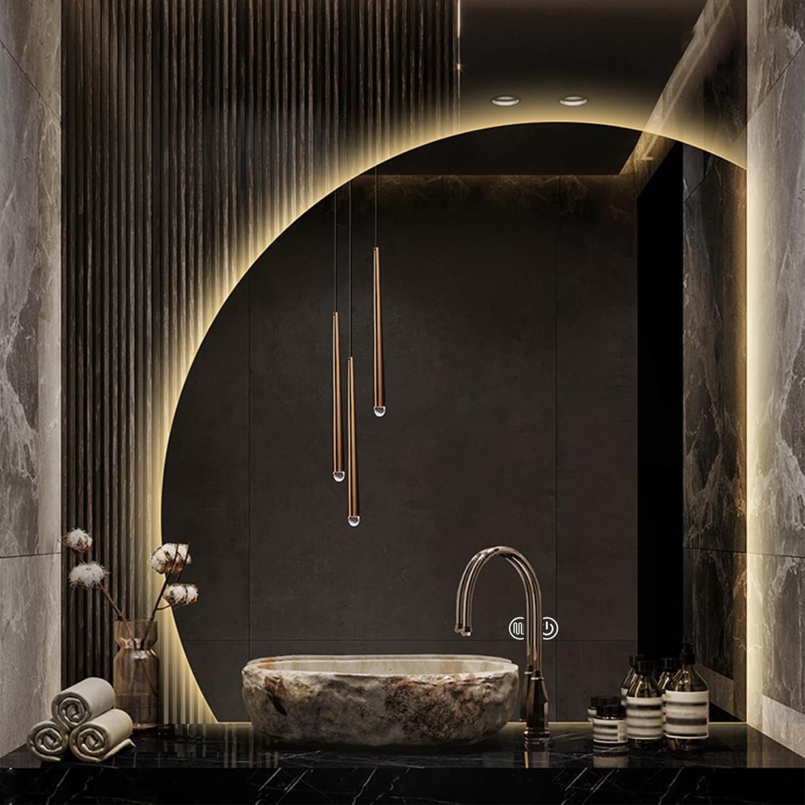 WQZzjm LED HalfCircle Bathroom Mirror, Illuminated Vanity Mirror, AntiFog Smart Touch with Dimmable Lighting Modes (50L x 50W cm) Retro Style, Perfect for Home Decor (50L x 50W cm)