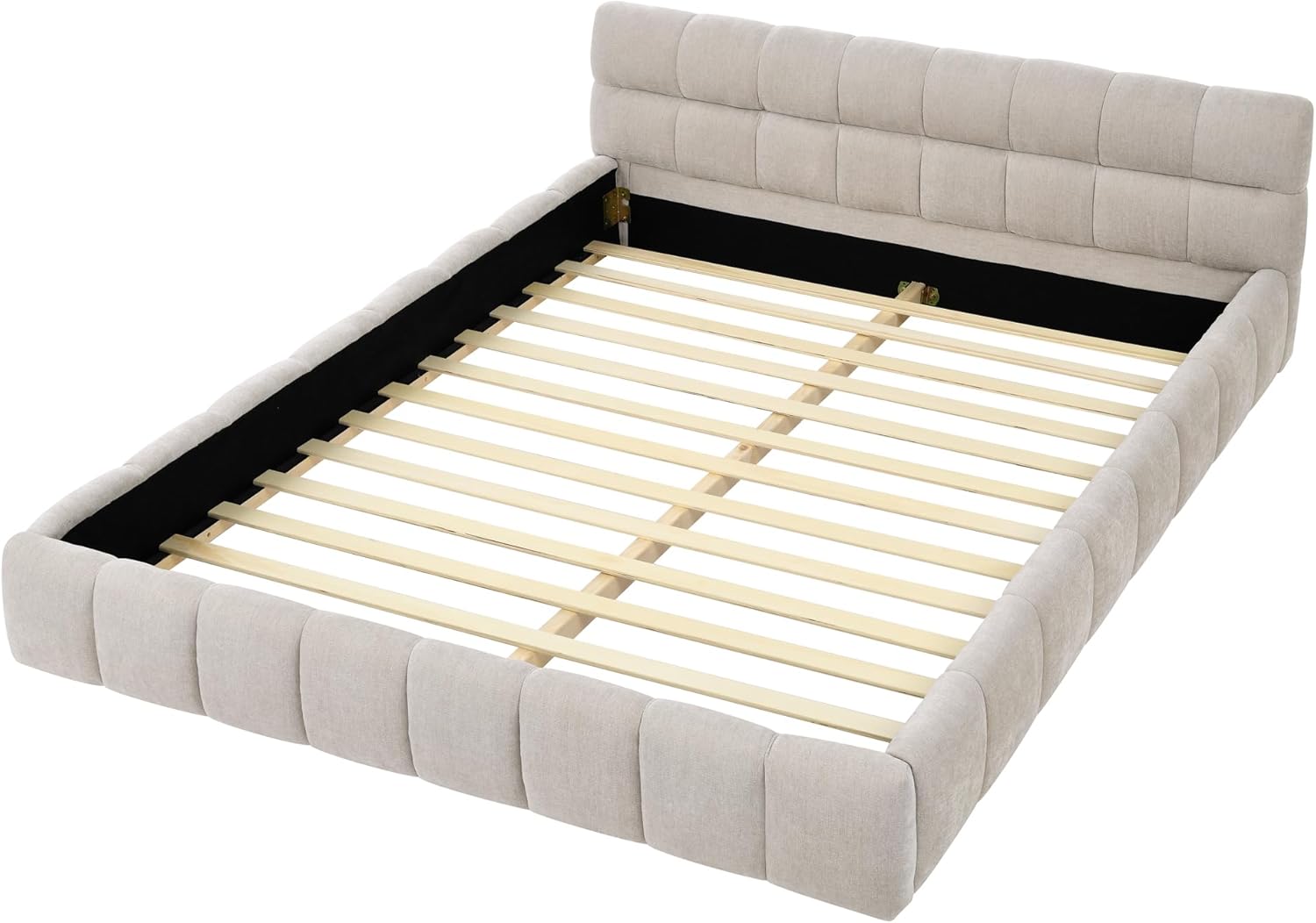 Beige Chenille Upholstered Queen Platform Bed with Soft Headboard
