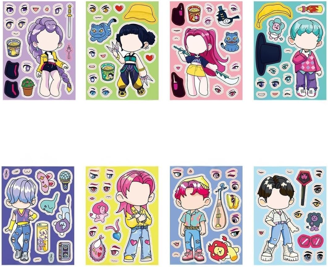 16 Sheets Make-A-Face Demon Movie Hunter Girls Stickers - DIY Demon Movie Hunter Girls Mix & Match Stickers - Party Favors, Birthday Goodie Bag Stuffers & Classroom Craft Activities