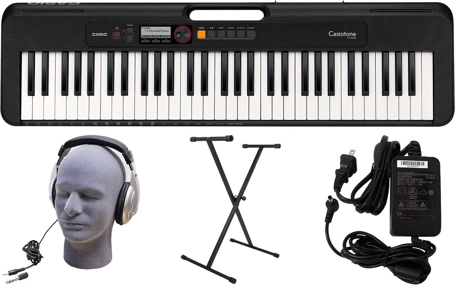 Casiotone CT-S200BK 61-Key Portable Keyboard- Black Bundle with Stand, Headphones, AC Adapter, and Polishing cloth