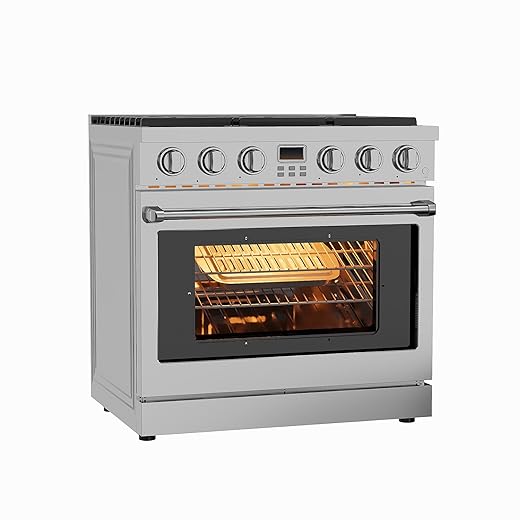 36 Inch Freestanding Dual Fuel Range Oven Stove, 6.0 Cu. Ft True Convection and Self Clean, Cooktop 6 Sealed Gas Burners, Stainless Steel