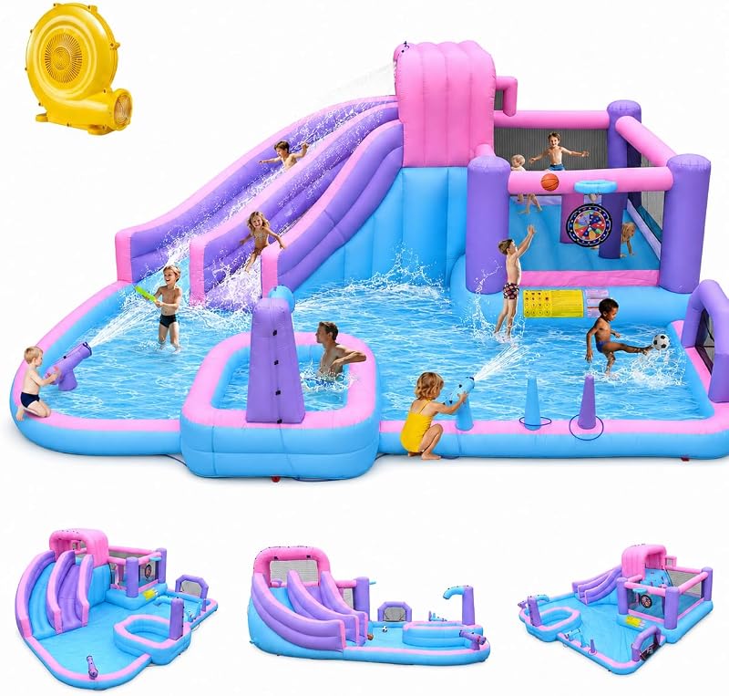 10in1 Inflatable Water Slide for Kids, 19.3Ft Giant Backyard Water Park with Dual Slides, Water Cannons, Deep Pool & Sports Zone Ages 3–12, Includes 850W Blower