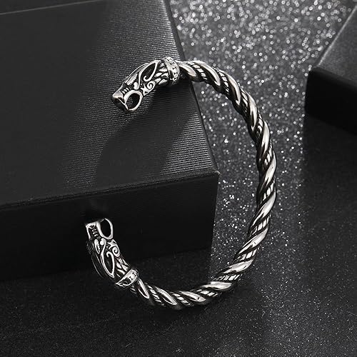 Miniatura 2 de TURTLEDOVE Brazalete con cabeza de lobo vikingo Fenrir - Torca ajustable de acero inoxidable nórdico escandinavo