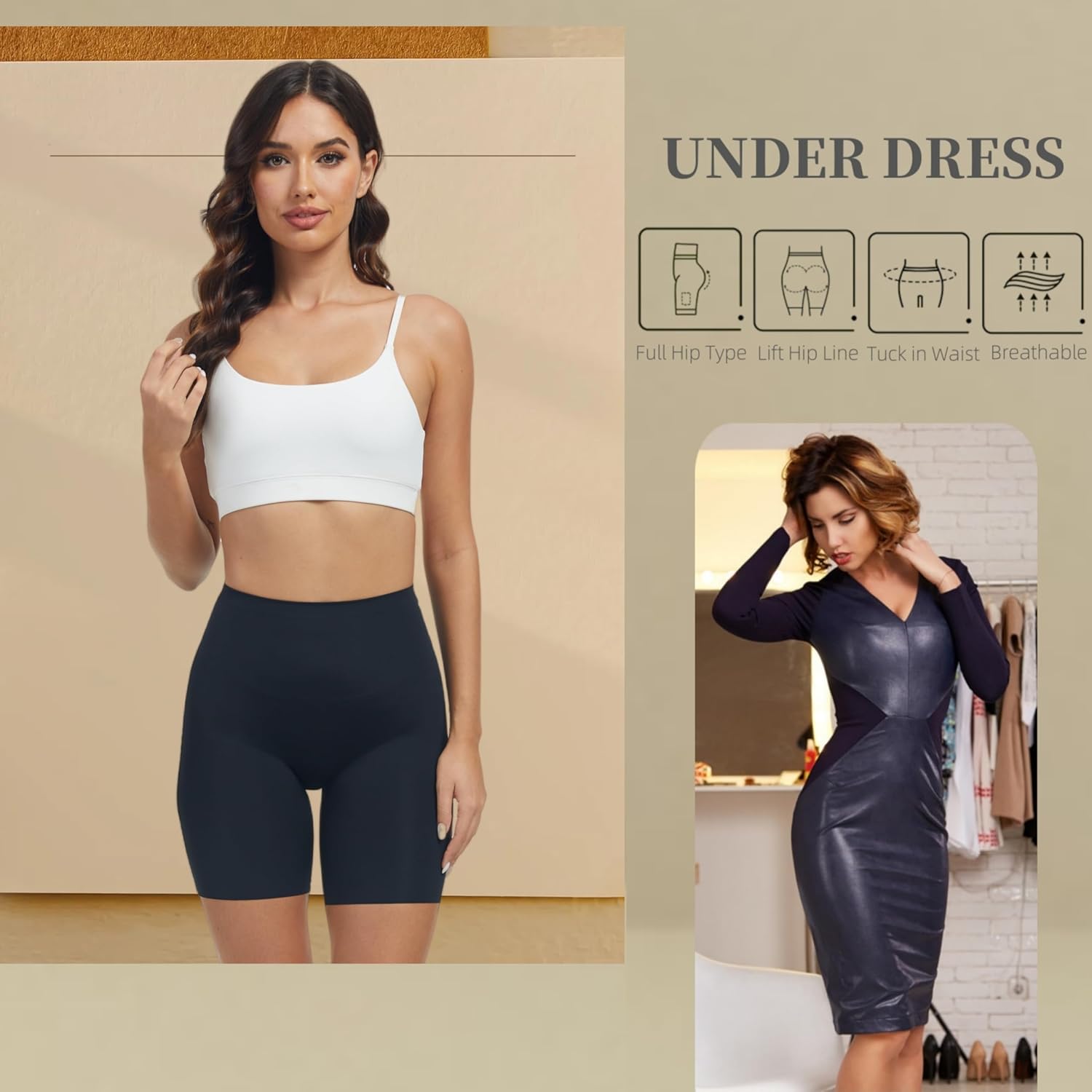 JTJFIT Women High-Waisted Slip Shorts for Under Dresses Seamless Short Boyshorts Smooth Panties Anti Chafing Underdress(Black+Beige, L) - Image 5