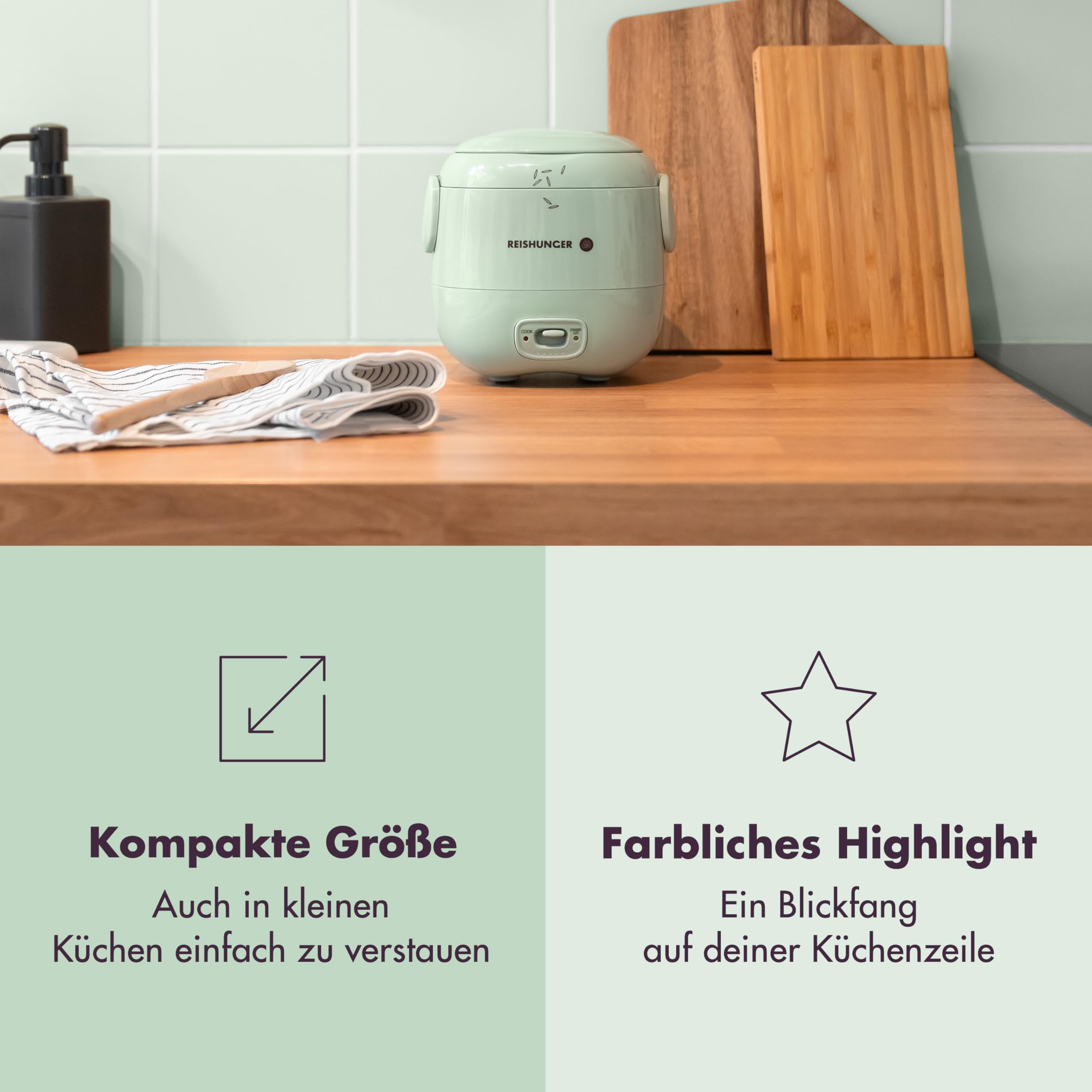 REISHUNGER Mini Reiskocher – 0,3L – 1-2 Portionen – Salbeigrün | hochwertige Keramikbeschichtung – Premium Topf – Handliche Größe für kleine Haushalte und unterwegs