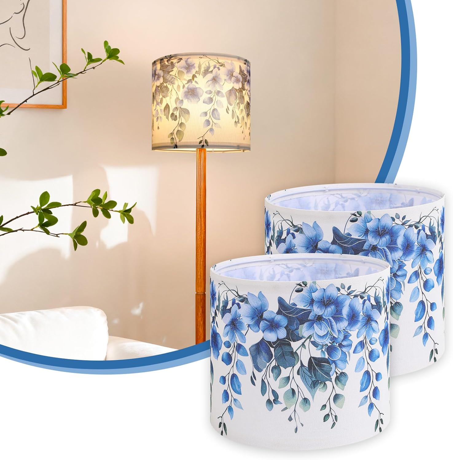 Replacement Small Lamp Shades Set of 2, 8.7" Linen Fabric Spider Lamp Shade Only with Cascading Blue Floral Print, Modern Boho Lamp Shade Decor for Table & Floor Lamps