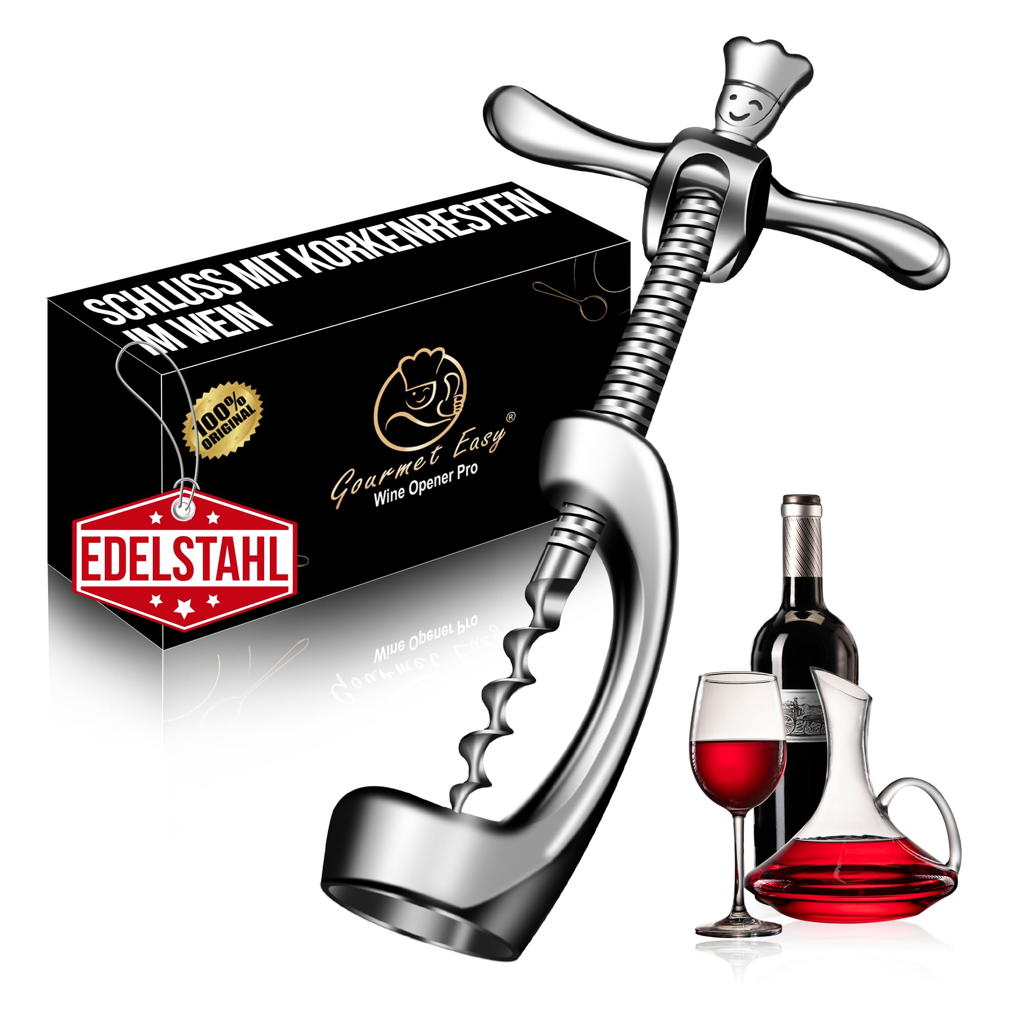 Korkenzieher aus Edelstahl öffnet Wein ohne Korken-Krümel | Hochbelastbarer Weinöffner mit Geschenkverpackung | Manueller Korkenzieher Wein für Zuhause, Bars & Restaurants | Flaschenöffner Wein