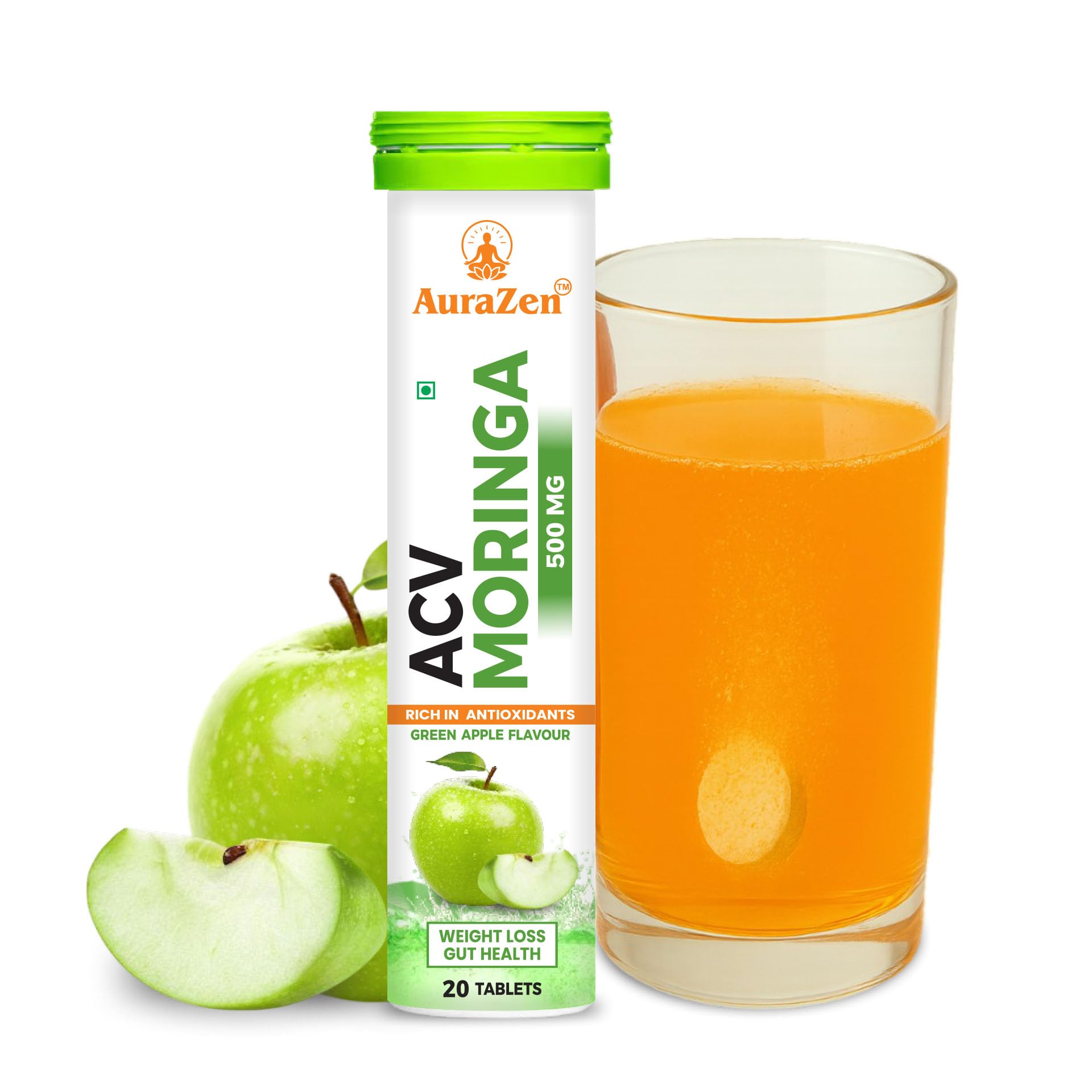AURAZEN ACV Moringa Effervescent Tablets | Apple Cider Vinegar with Cinnamon & Guggul | No Added Sugar & No Maltodextrin | Green Apple Flavour | 20 Tablets (Pack of 1)-image-19