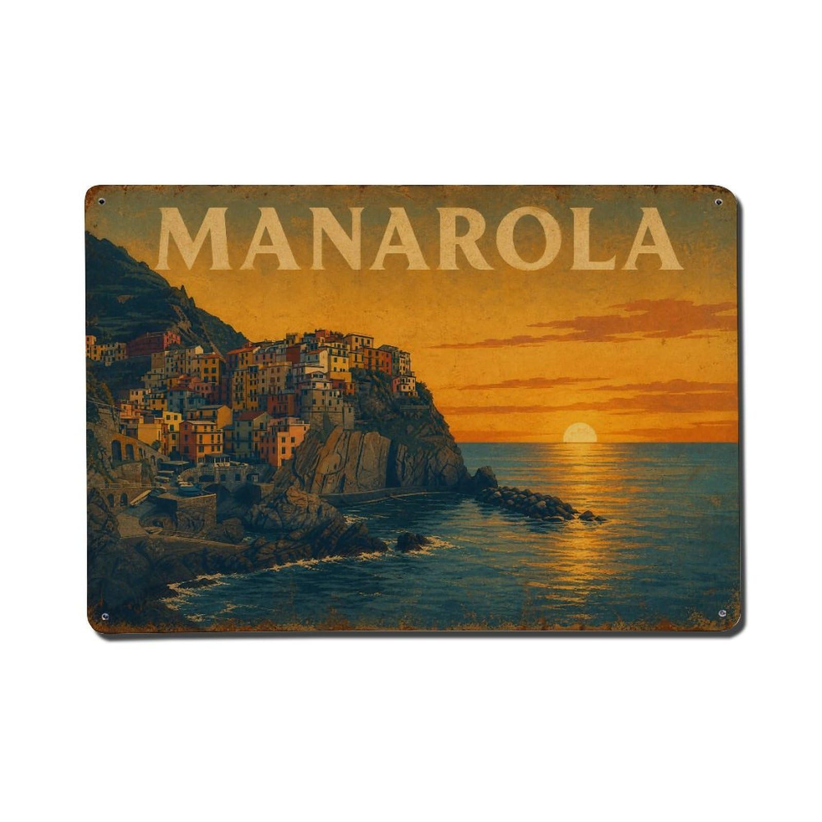 Vintage Travel Manarola Sunset Over Sea Golden Horizon Metal Tin Sign