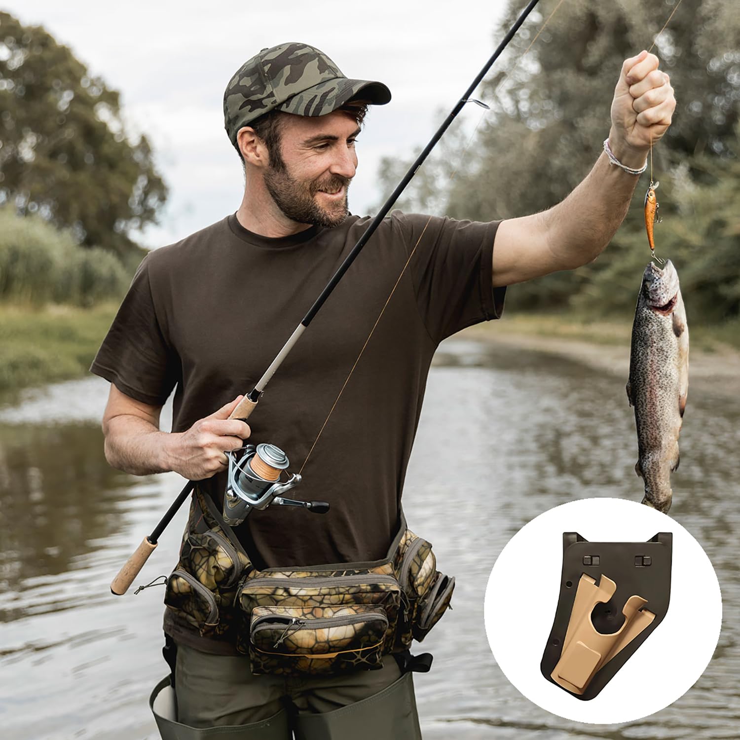Étui Hanche Canne Pêche Coulissant, Porte-Canne à Pêche Ceinture, Support Portable Mains Libres avec Poches Cachées Ceinture Tirage Rapide pour à Mouche et Bord l'Eau