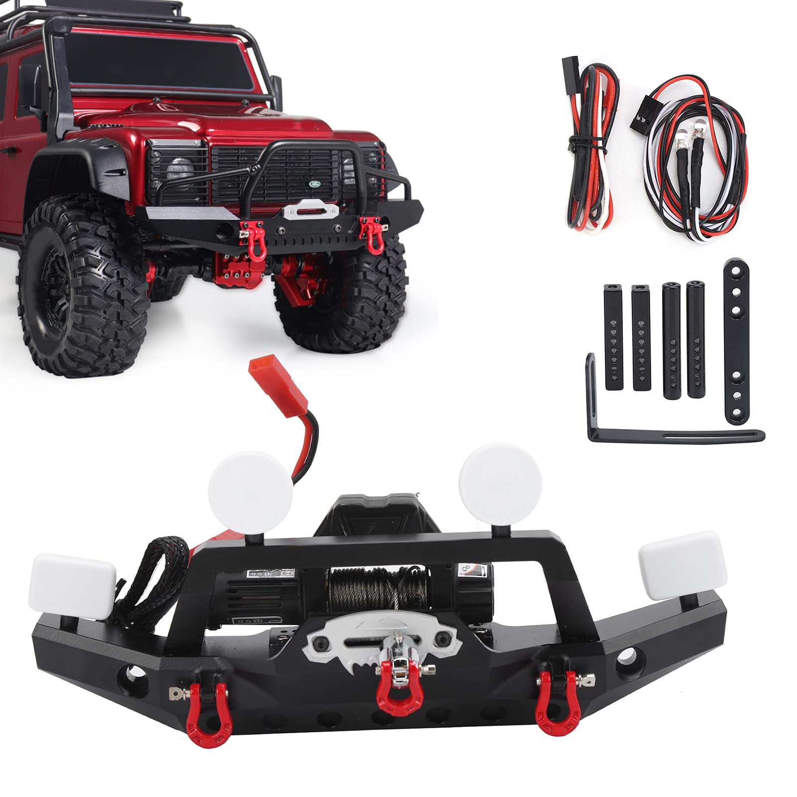 Przedni przednie zderzak RC z wciągarką i światłem LED elektryczna wciągarki i kontroler Traxxas Trx4 Axial SCX10 II Black 180 mm