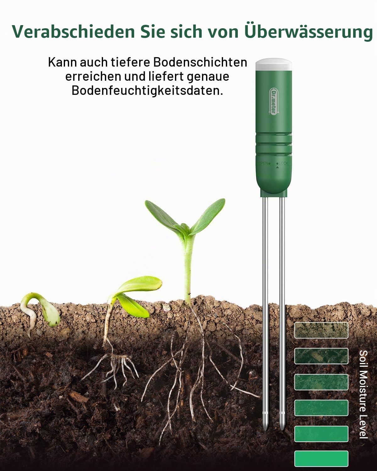 Dr.meter Boden Feuchtigkeitsmesser für Pflanzen, 4 in 1 Feuchtigkeitsmessgerät Pflanzen Temperatur/Licht/Zeit/Bodenwassermonitor mit LCD Display für Pflanzen für Gartenarbeit,Rasen,Topfpflanzen