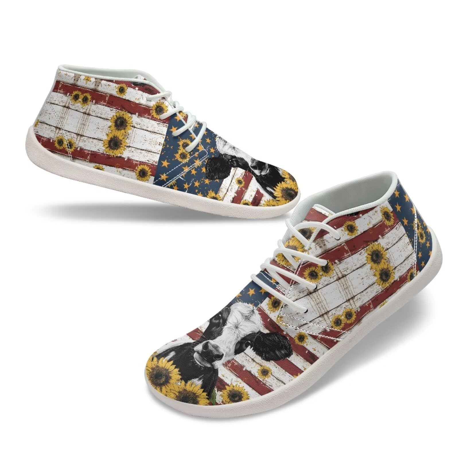 Fuxowvby Cow American Flag Non-Slip Barefoot Women Fashion Wide Toe Box Sneakers Workout Tennis Casual Comfortable Shoes Hiking Running Trail Lightweight Zero Drop Shoes White US Size 8
