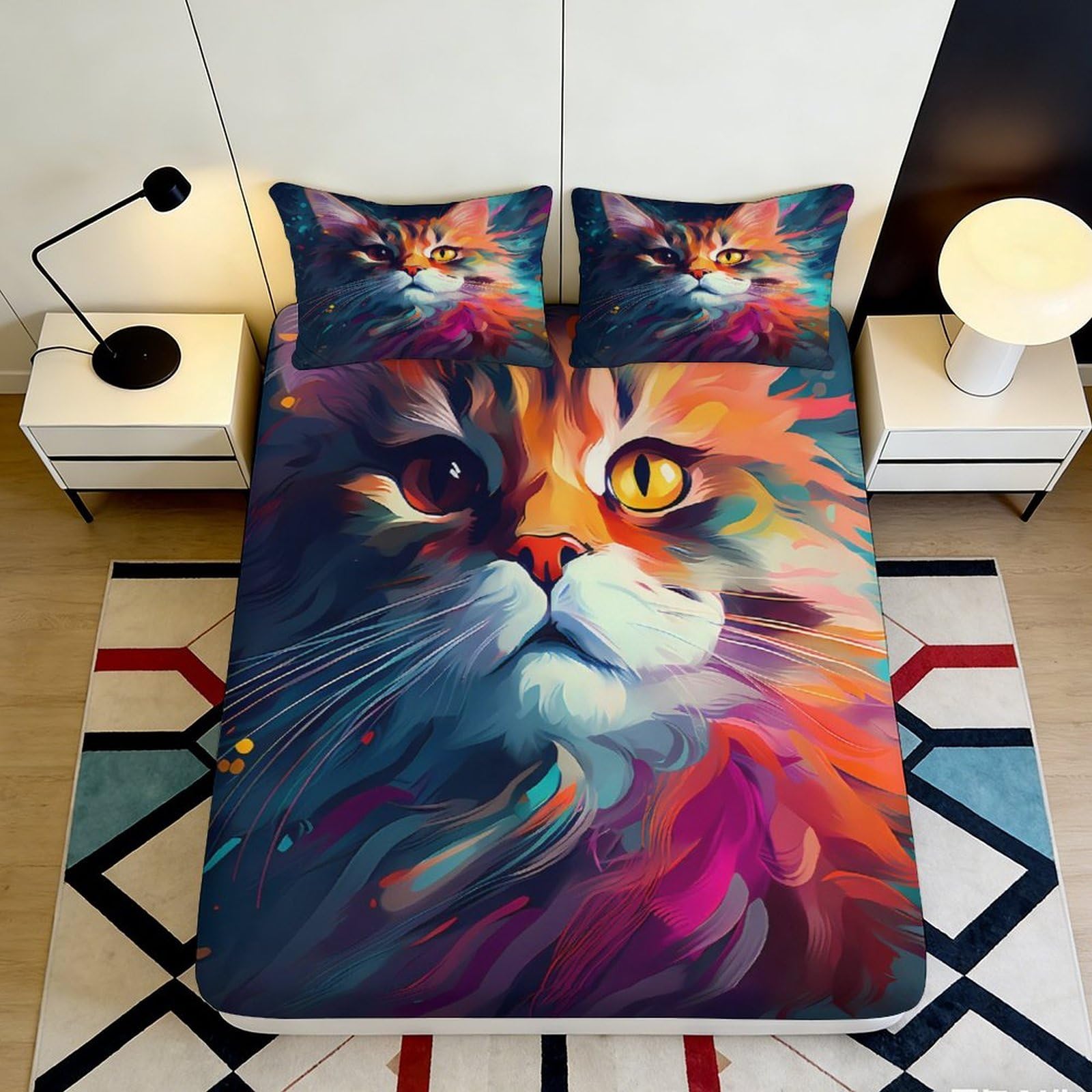 3D Printed Colorful Cat Fitted Sheet Microfiber Soft Artistic Cat Bed Sheet for Bedroom Guest Room Decor Mattress Protection 90x200x25cm