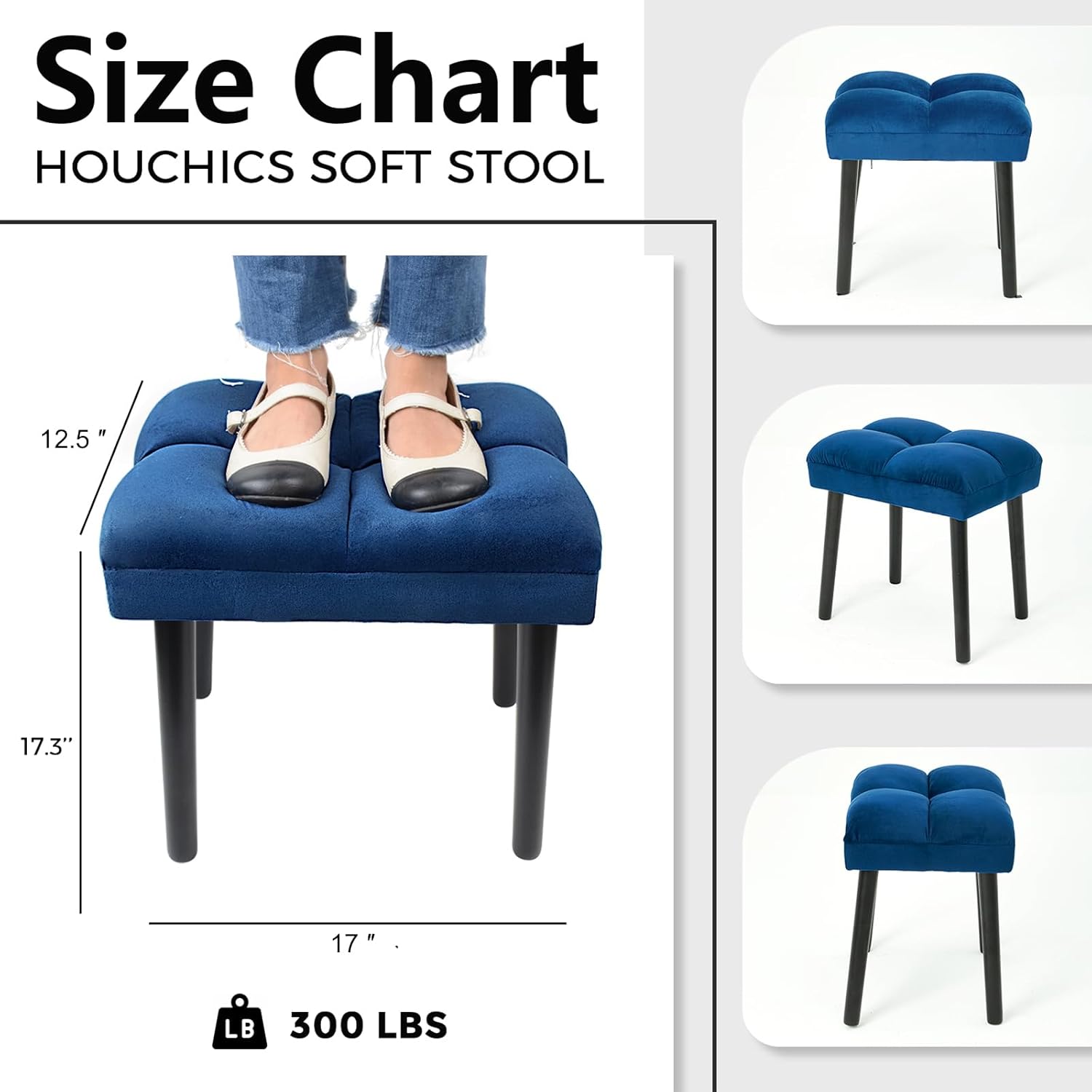 HOUCHICS Soft Vanity Stool Blue Ottoman Stool, Square Makeup Vanity Chair with Wooden Legs, Small Ottoman Chair for Vanity, Modern Padded Sofa Seat Foot Rest Stools(Blue)